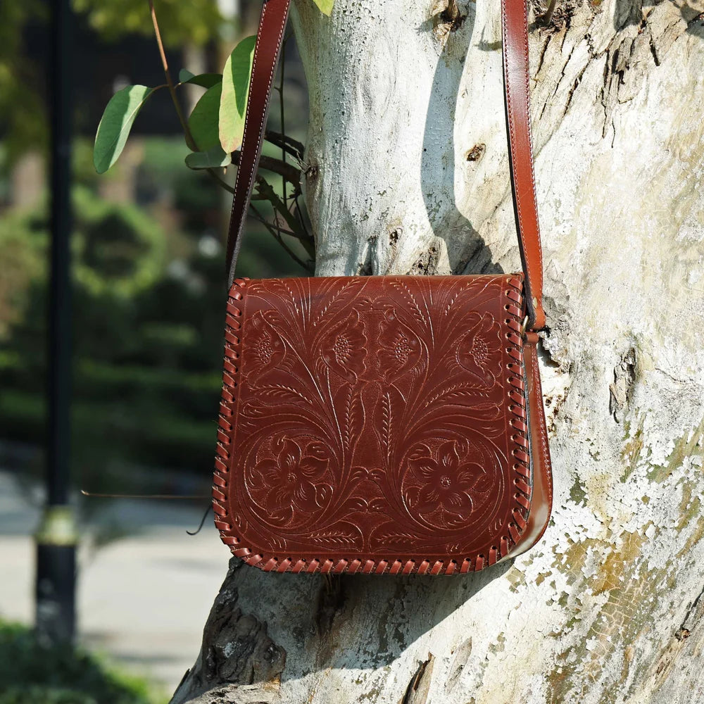 Black Tooled Leather Crossbody Bag – Handmade Boho Saddle Purse(BG-1615)