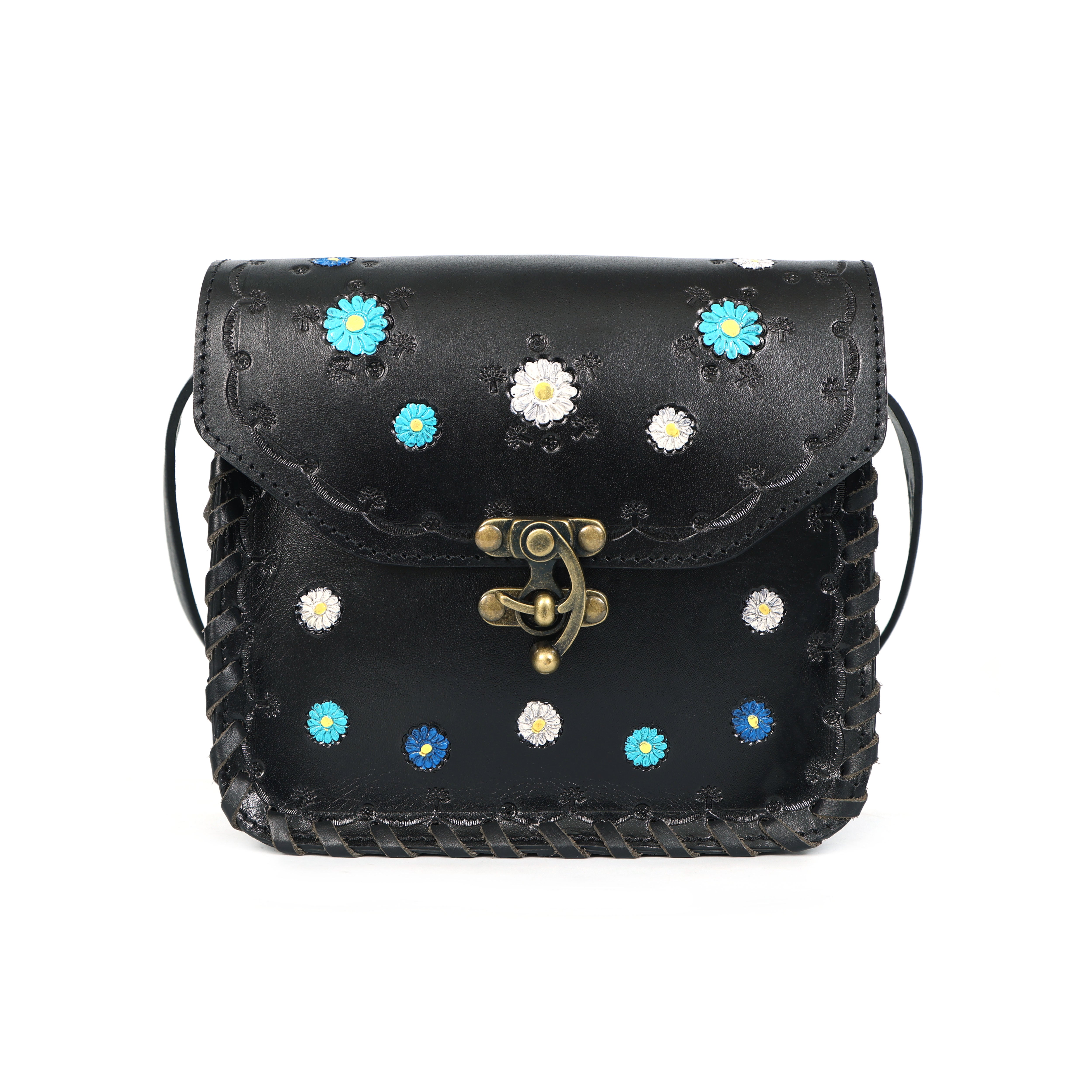 Black handbag with floral embellishments on a white background