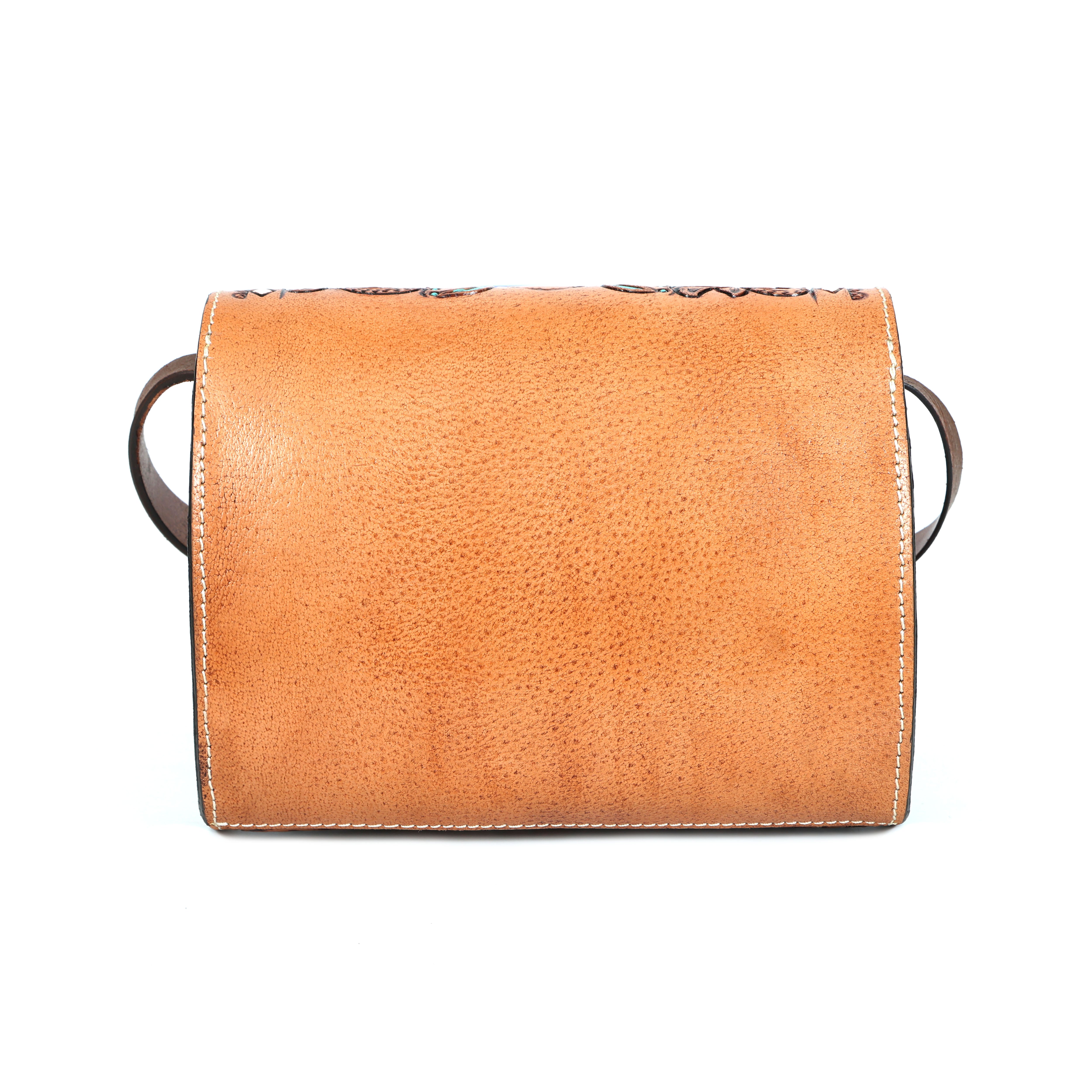 Hand-Tooled Leather Crossbody Bag with Turquoise Buckle(EL-ON-28)