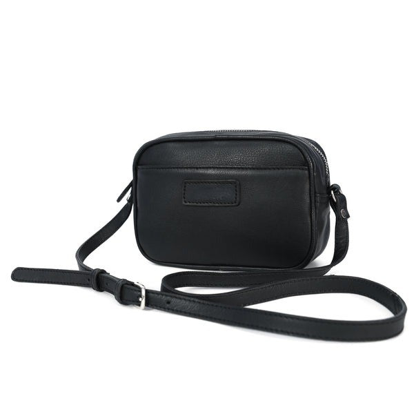 Black leather crossbody bag on a white background