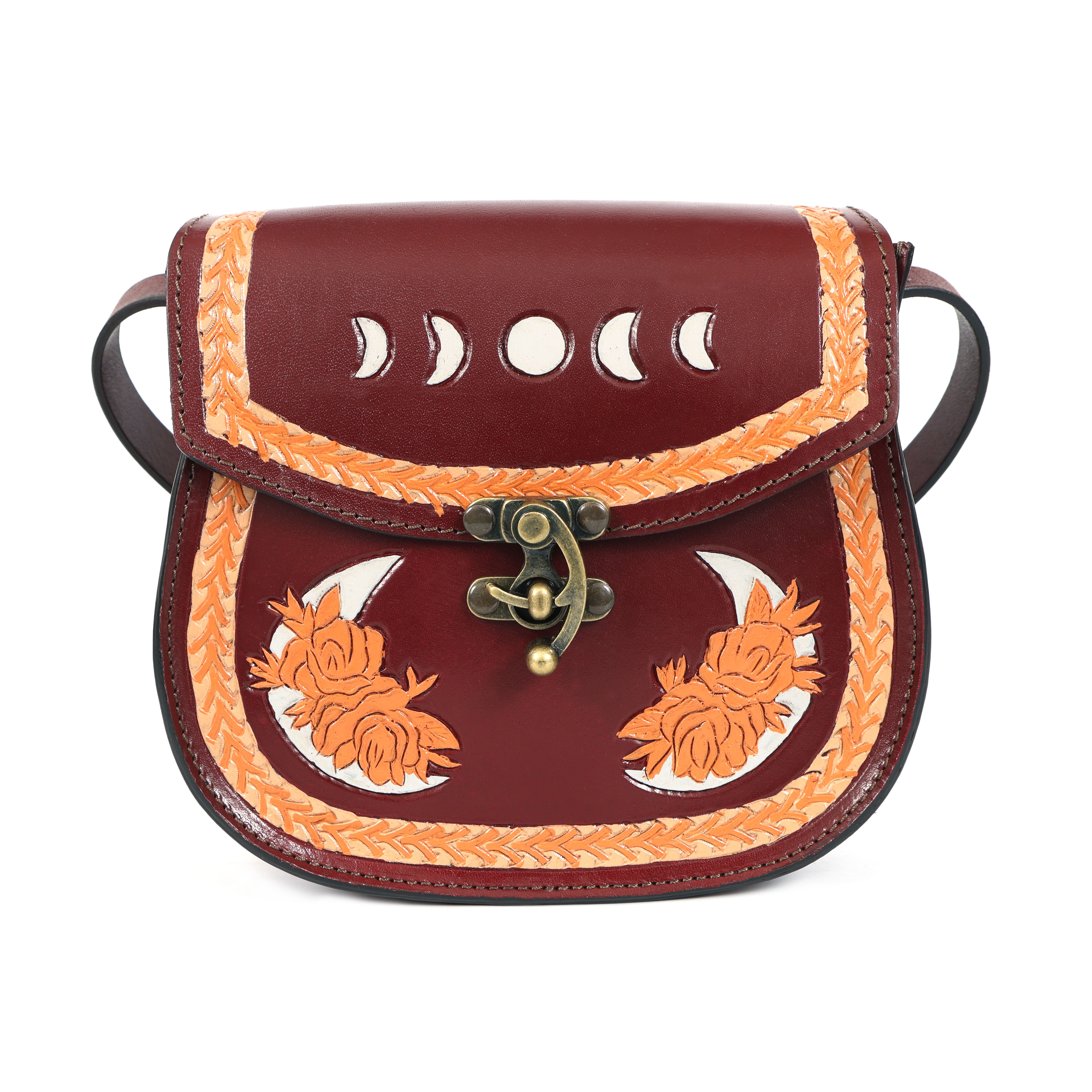 Lunar Bordeaux Handmade Leather Tooling Crossbody Bag – Moon & Floral Design |Artisan Sling Bag(EL-GM-43-ON)