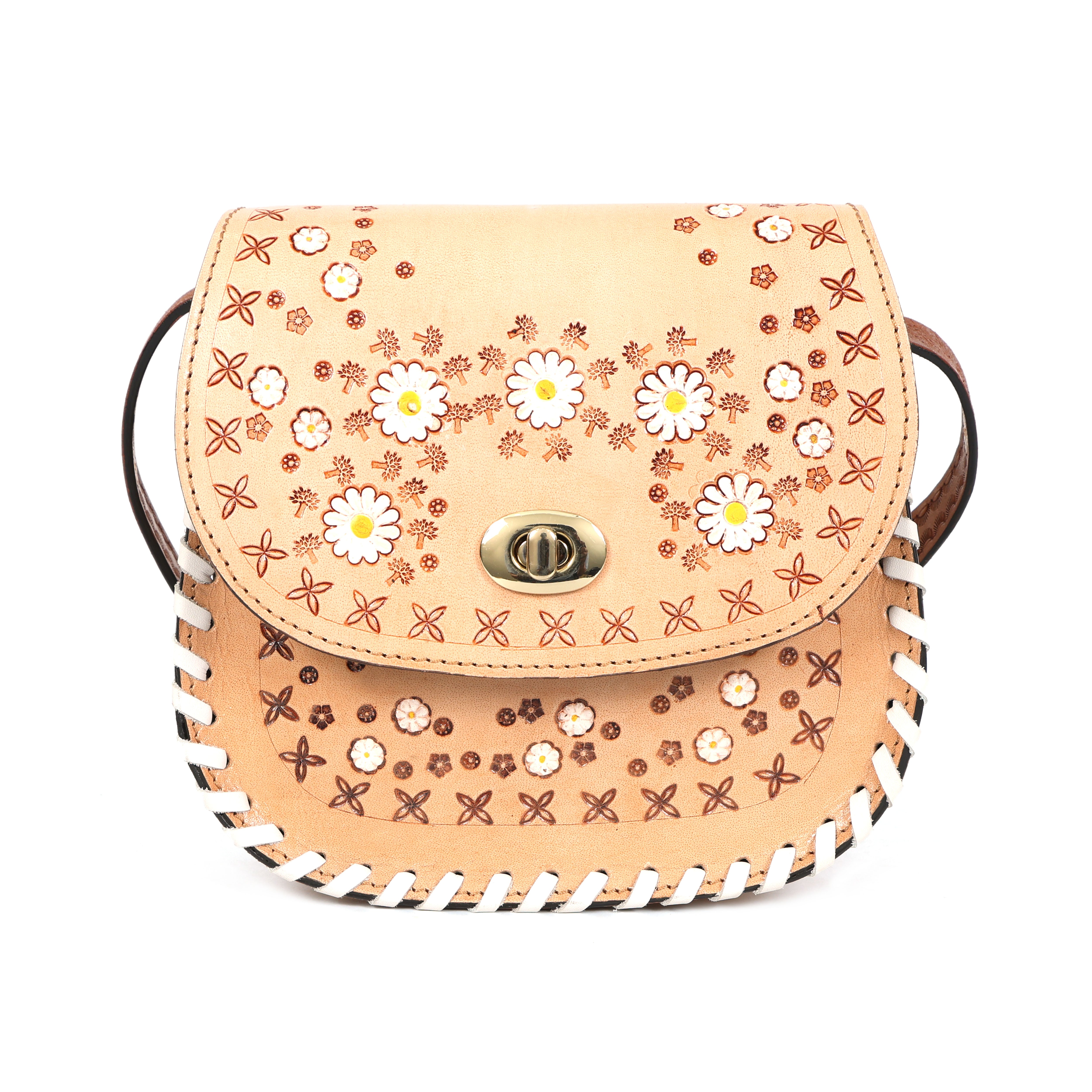 Natural Peachy Leather Daisy Saddle Bag – Hand-Tooled Crossbody(EL-GM-46-ON)