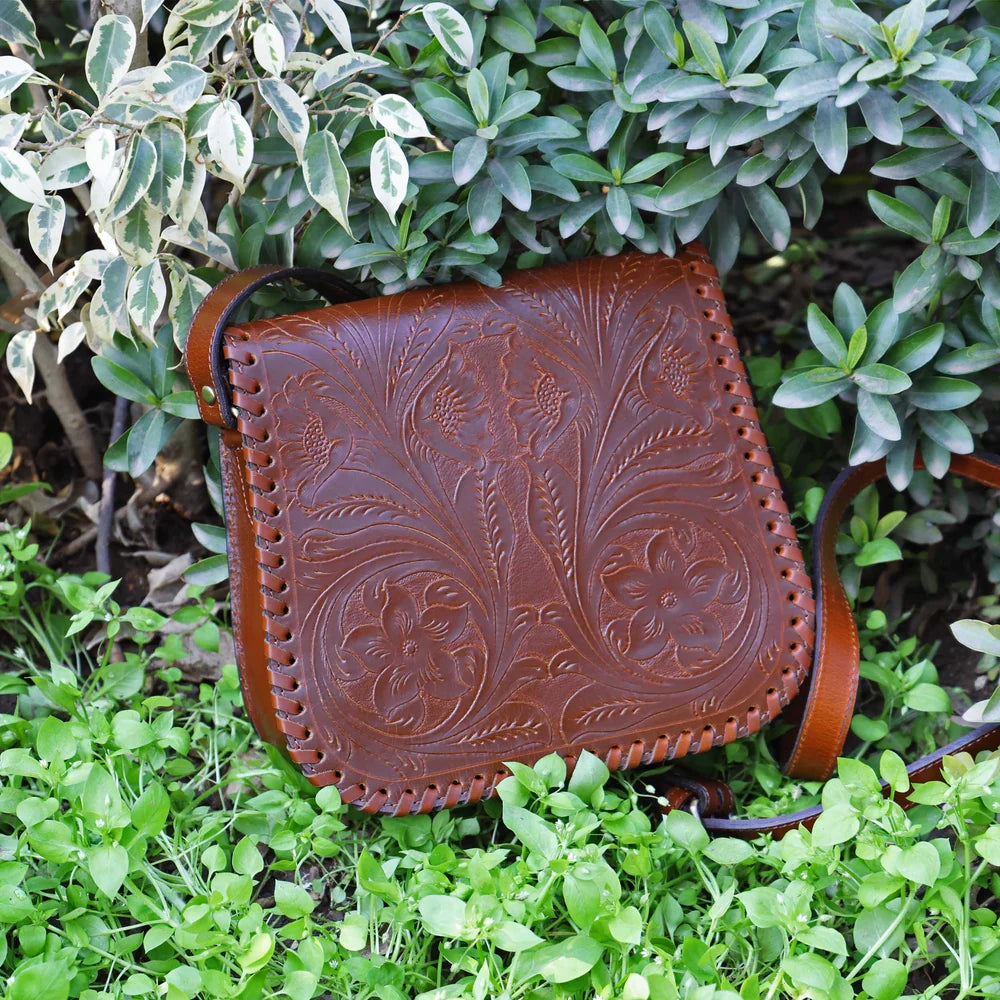 Black Tooled Leather Crossbody Bag – Handmade Boho Saddle Purse(BG-1615)