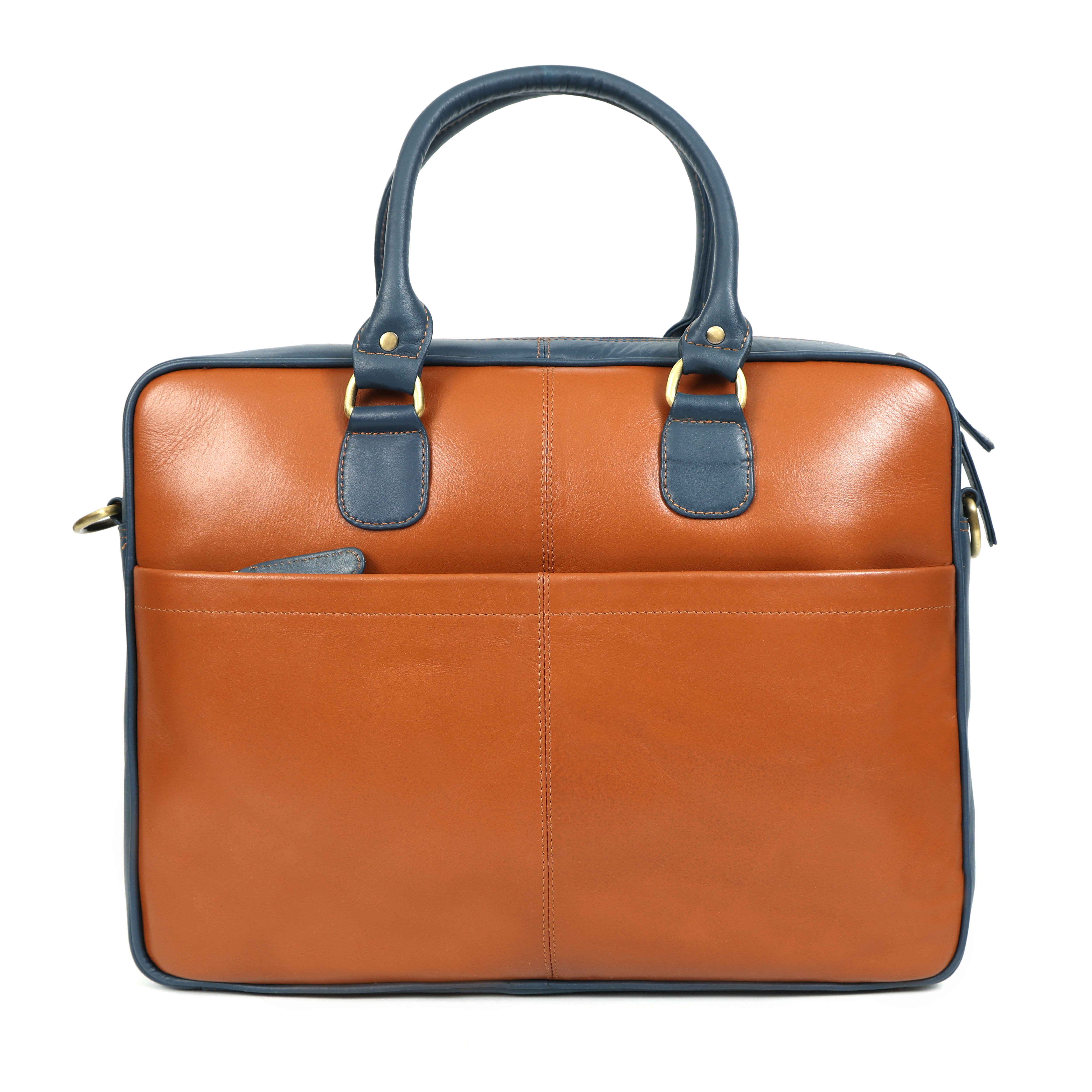 Wellington Elite 15” Leather Laptop Briefcase – Tan & Navy(EL-GM-O5-SK)