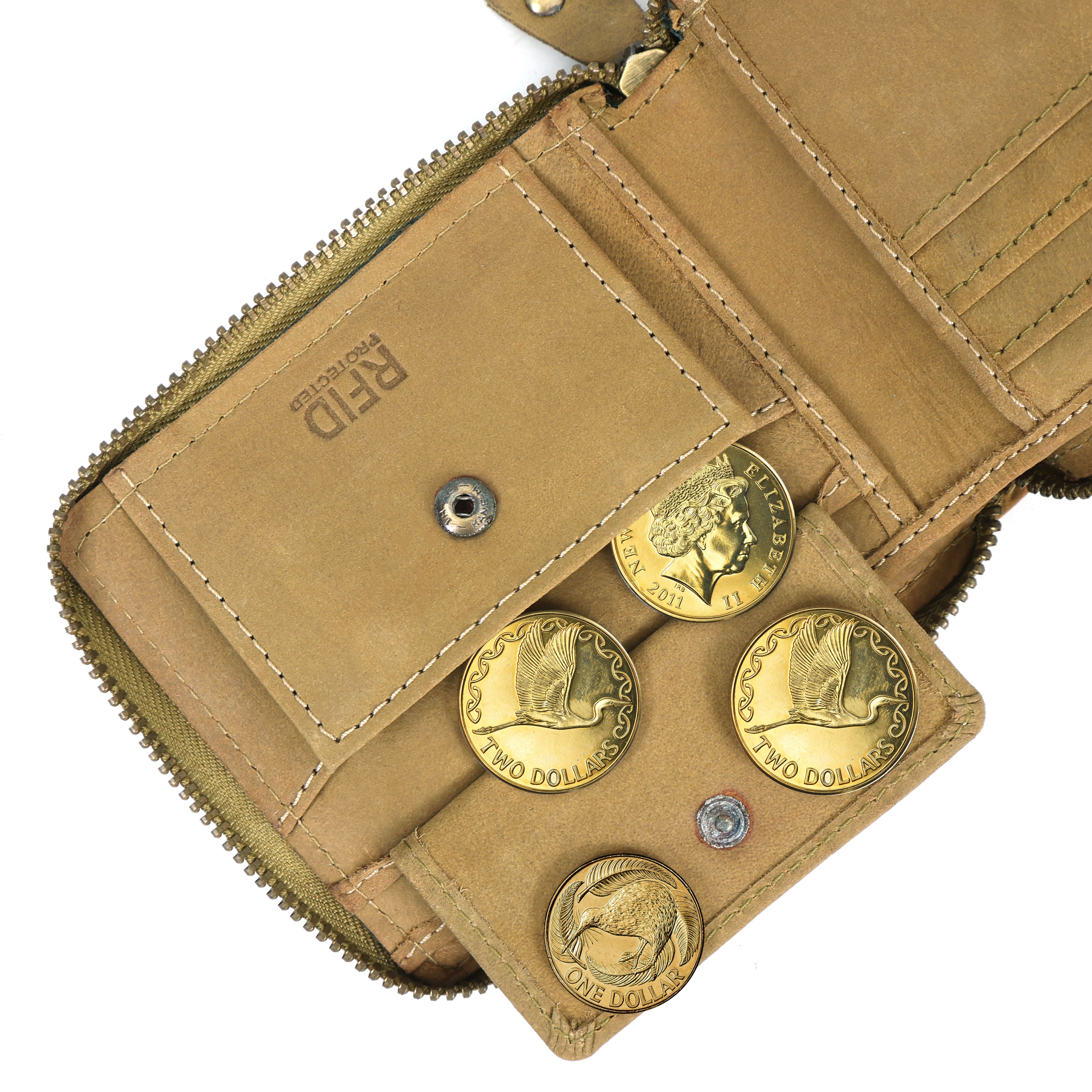 Olive Green & Light Brown Leather Zip Wallet – Premium RFID-Blocking Men's Wallet (gm-155)