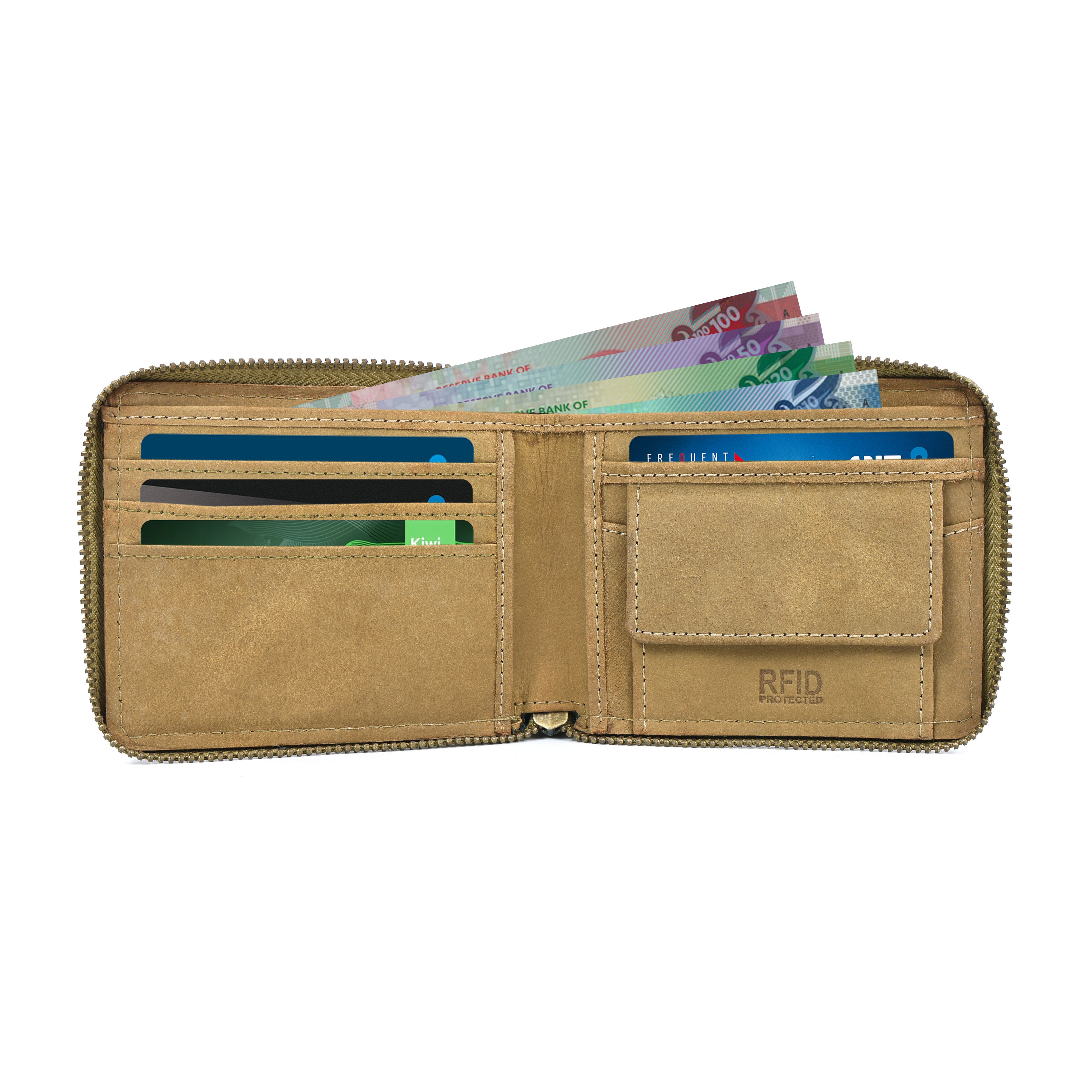 Olive Green & Light Brown Leather Zip Wallet – Premium RFID-Blocking Men's Wallet (gm-155)