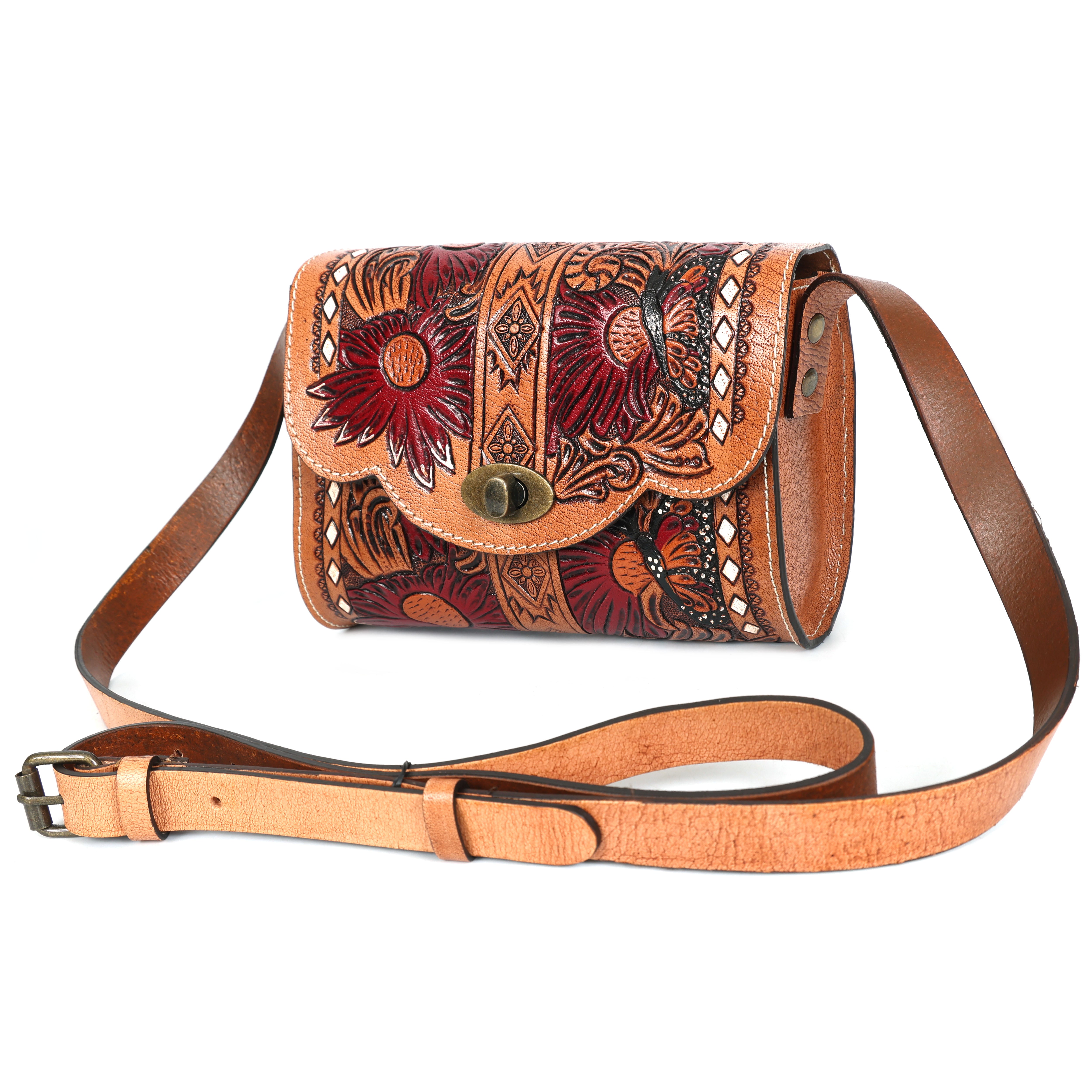 Hand-Tooled Leather Sling Bag with Red Elliptical Elderflower Bag(EL-ON-24)