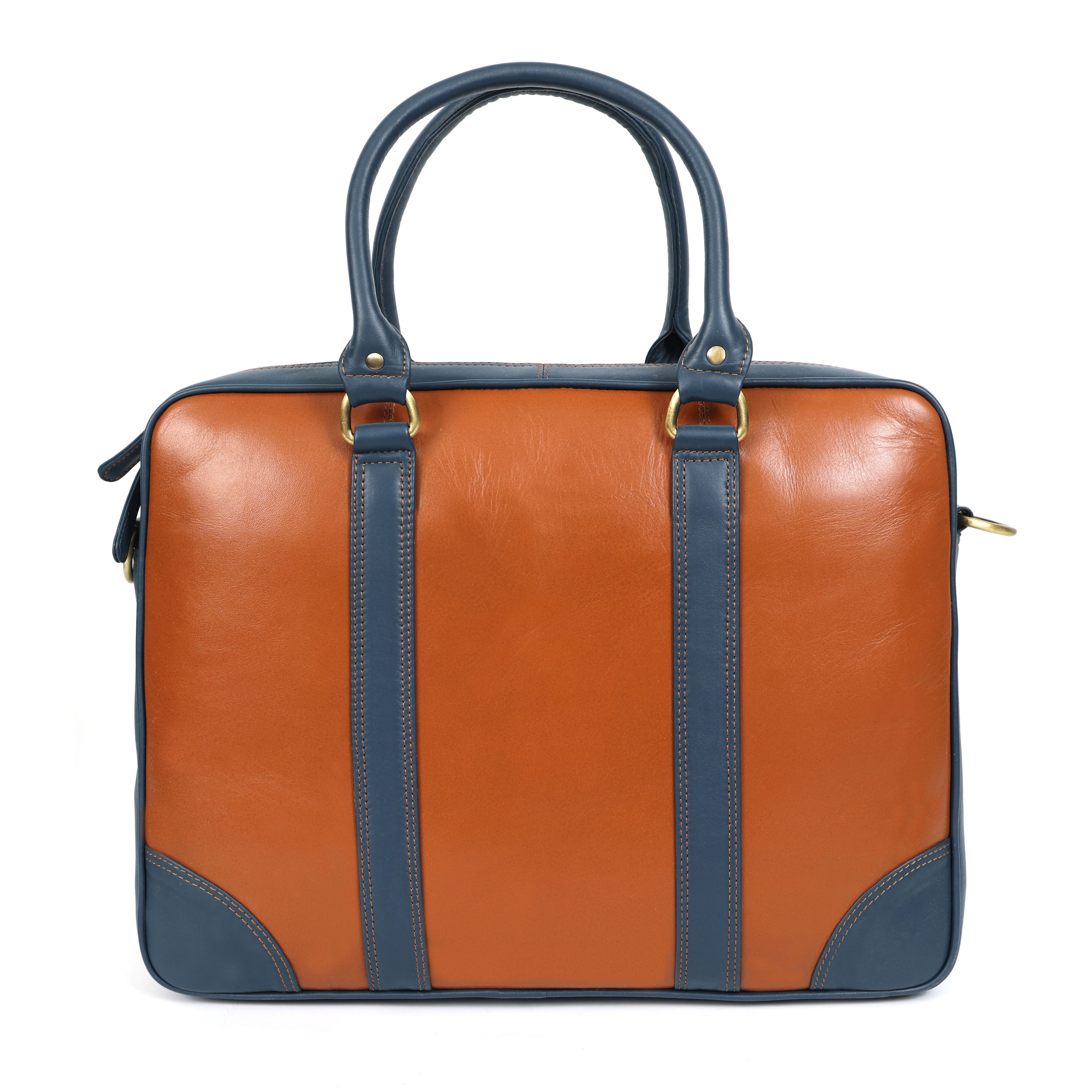Wellington Elite 15” Leather Laptop Briefcase – Tan & Navy(EL-GM-O5-SK)