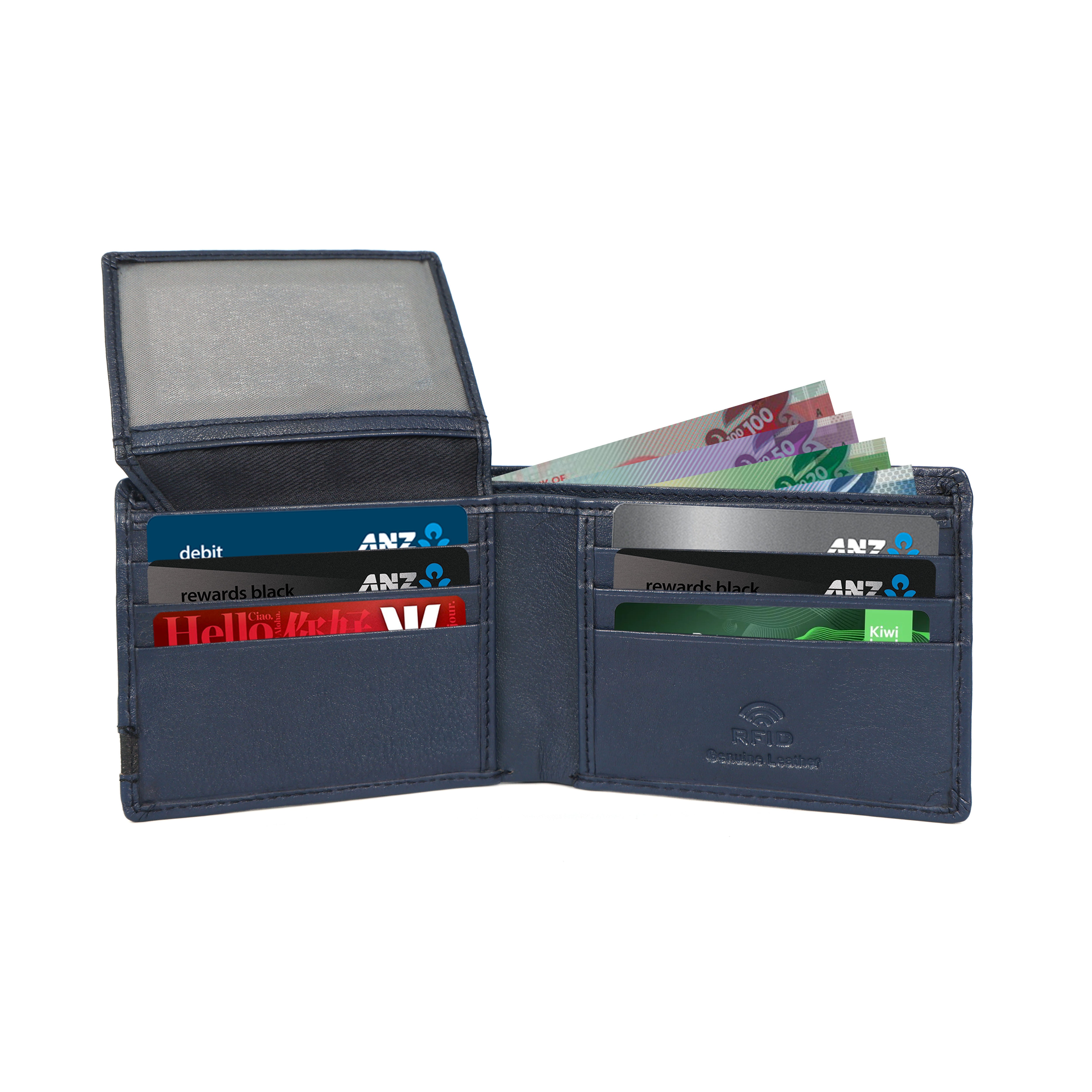 Leather wallet Stripped Blue and Black – RFID Blocking Bifold Card Holder with ID Window | Stylish Black, Navy & Tan Design
