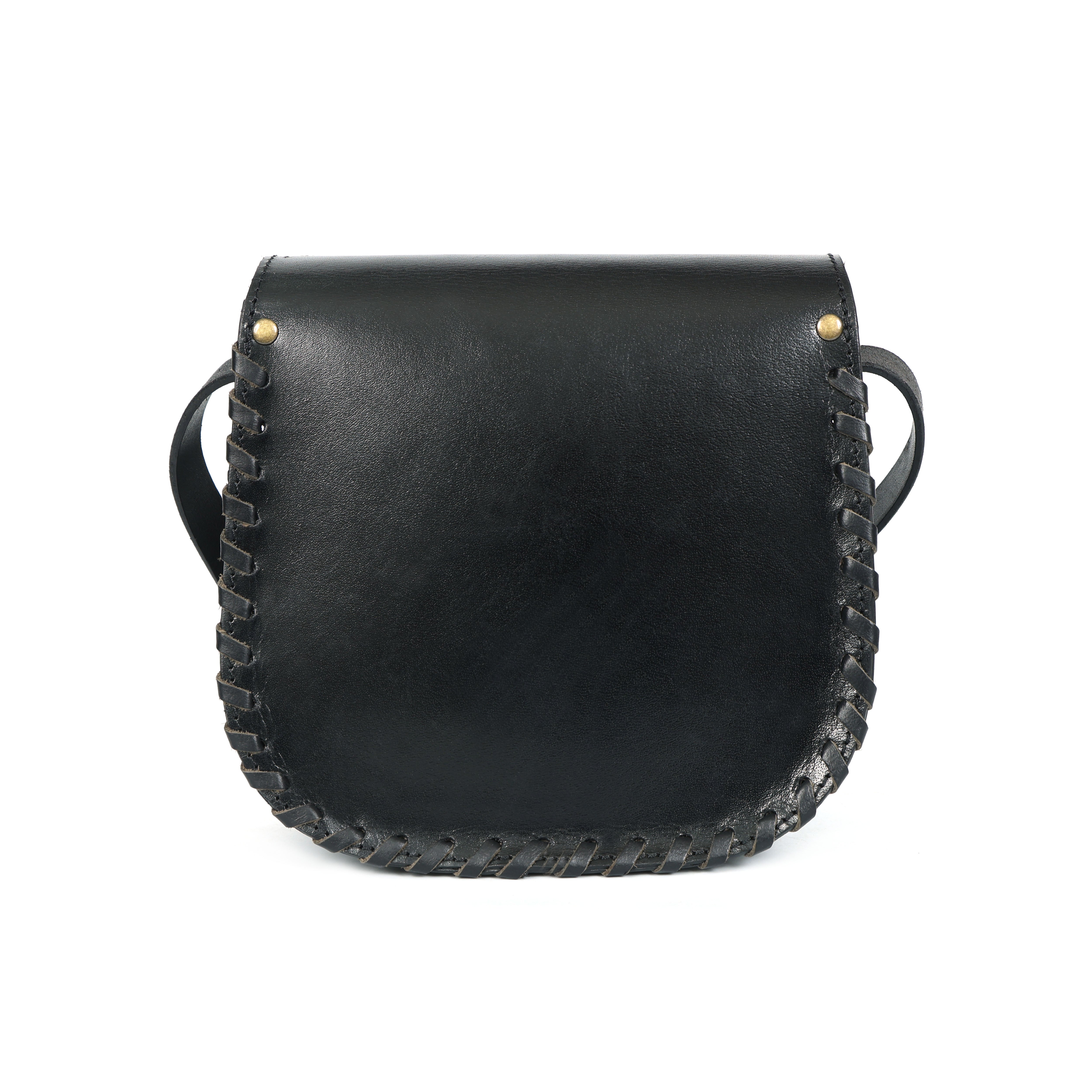Handcrafted Black Leather Saddle Sling Bag – Floral Embossed Crossbody(EL-GM-42-ON)