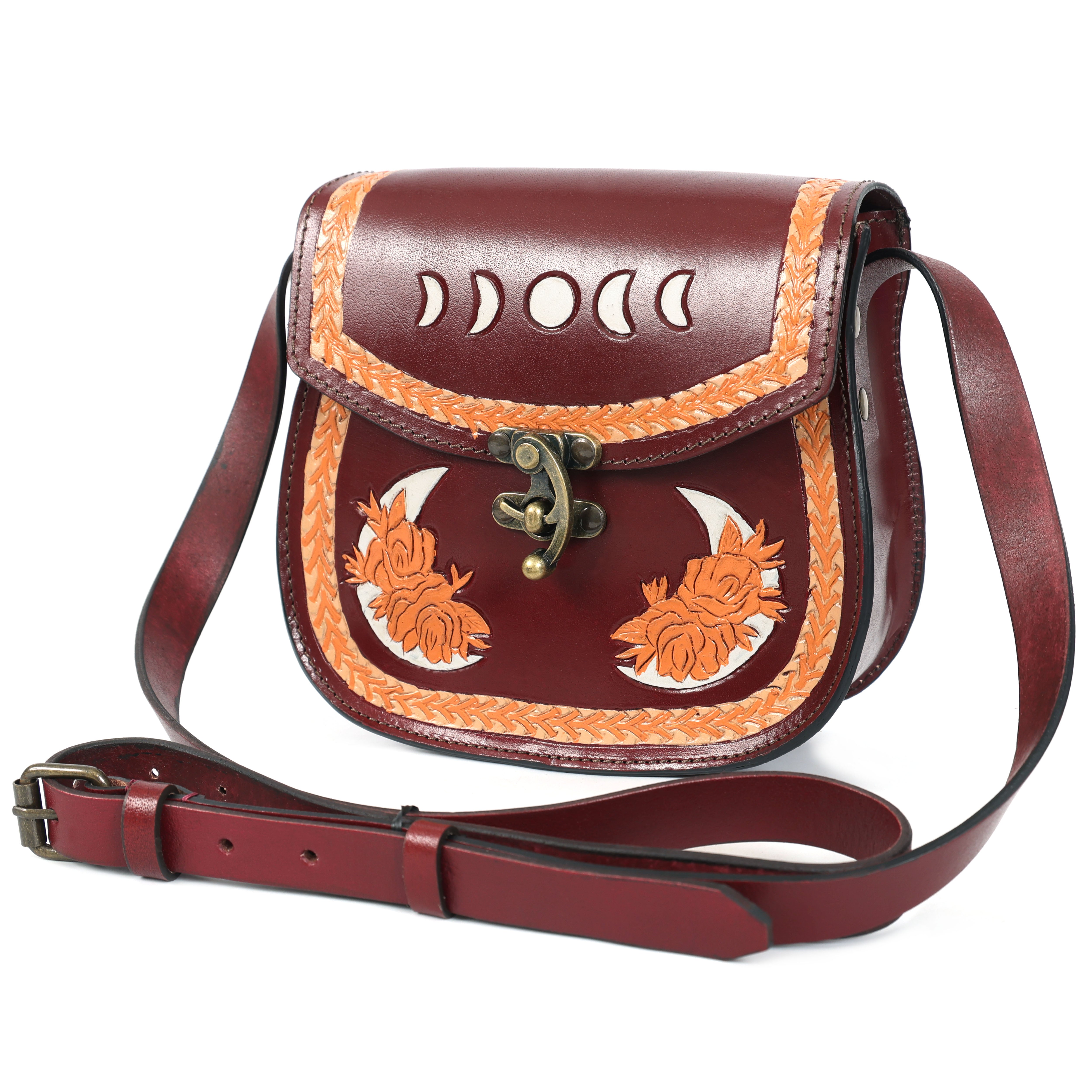 Lunar Bordeaux Handmade Leather Tooling Crossbody Bag – Moon & Floral Design |Artisan Sling Bag(EL-GM-43-ON)