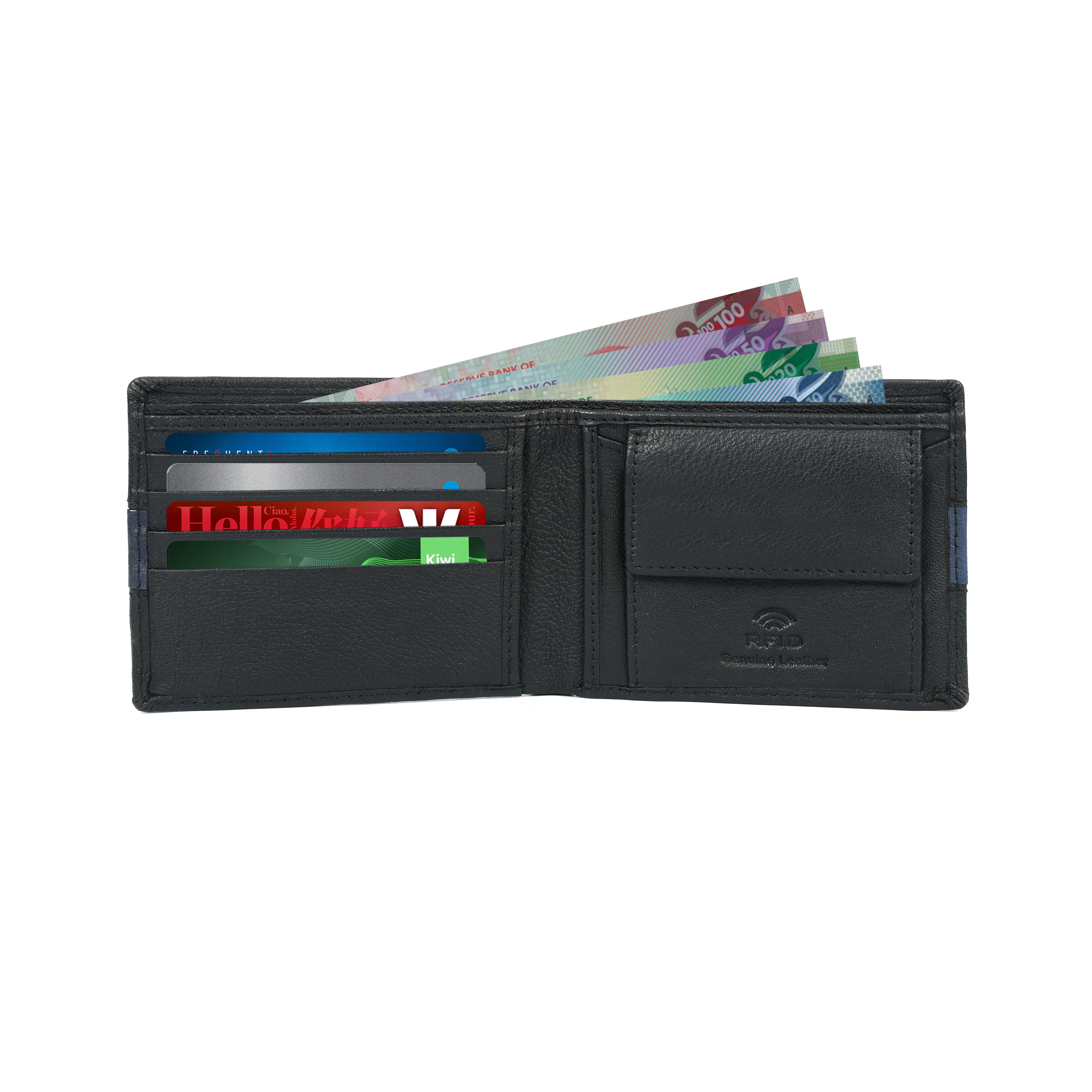 Men’s Genuine Leather Wallet – Bifold Card Holder with Color Accent Stripe | Premium Gift for NZ, Australia & Pacific Islands(GM-420)