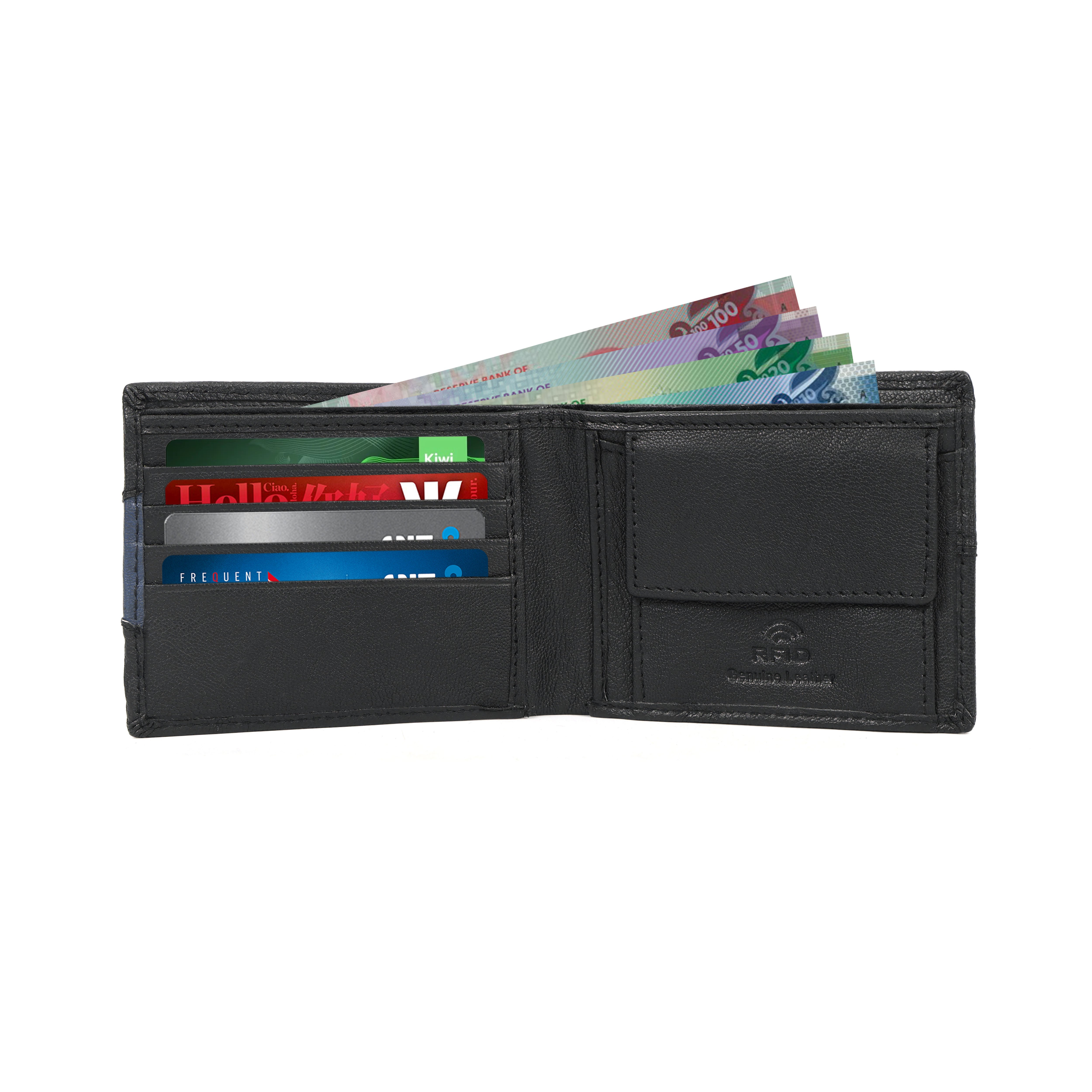Black Leather Triangular Accent Bifold Wallet – Slim RFID Protection | NZ, Australia & Pacific Islands(GM-430)