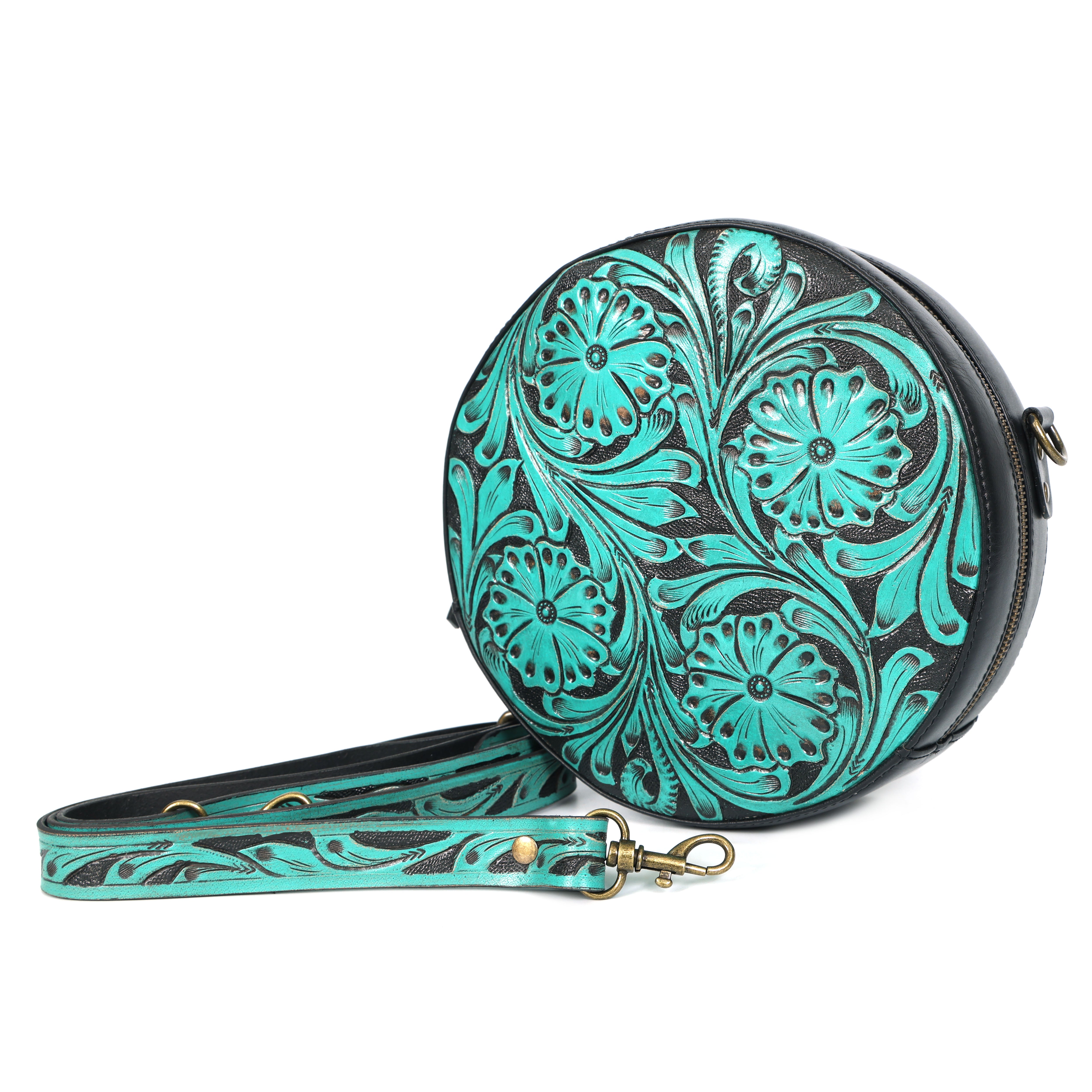 Luxury Round Hand-Tooled Leather Sling Bag – Artisan Floral Design(EL-GM-04-ON)