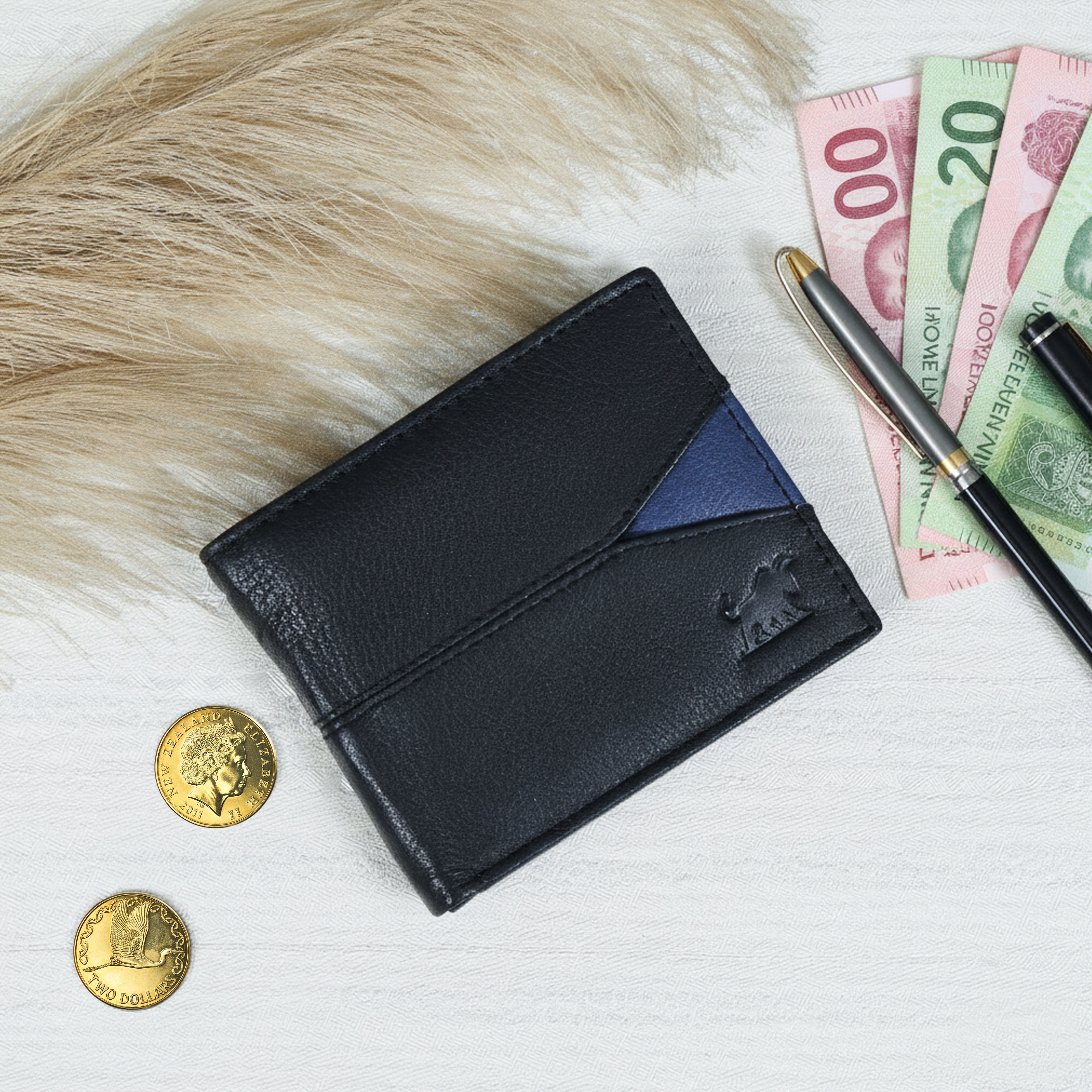 Black Leather Triangular Accent Bifold Wallet – Slim RFID Protection | NZ, Australia & Pacific Islands(GM-430)