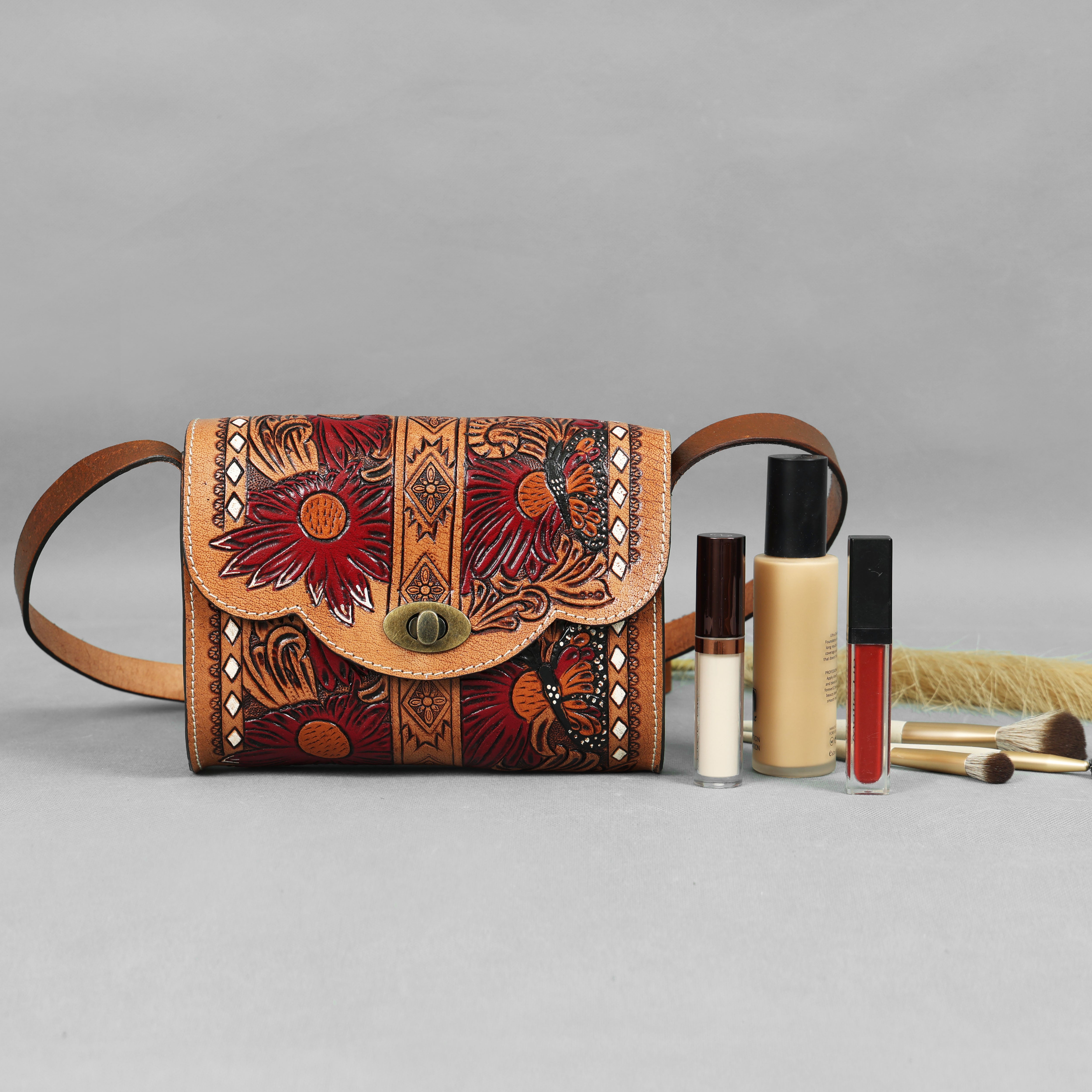 Hand-Tooled Leather Sling Bag with Red Elliptical Elderflower Bag(EL-ON-24)