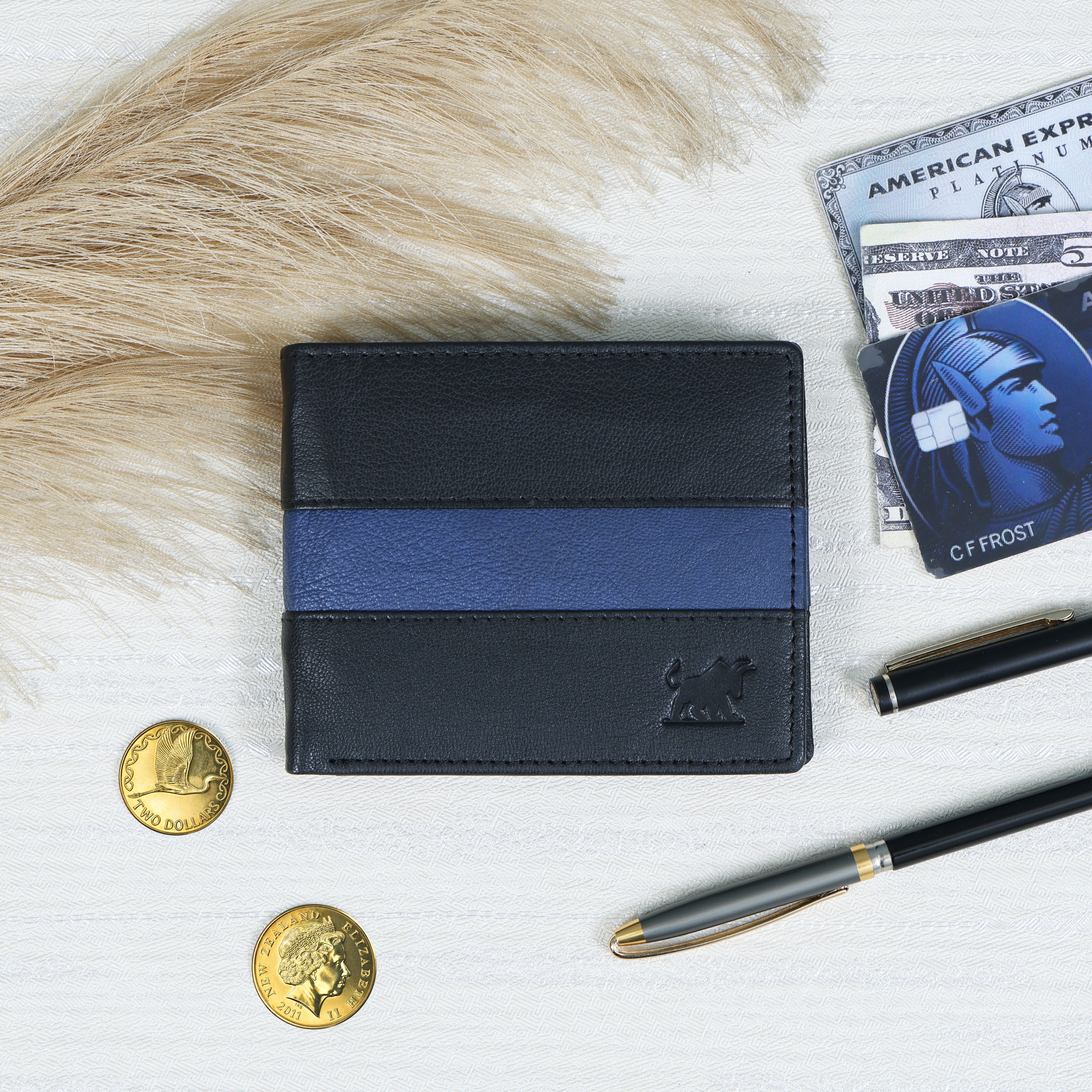 Men’s Genuine Leather Wallet – Bifold Card Holder with Color Accent Stripe | Premium Gift for NZ, Australia & Pacific Islands(GM-420)