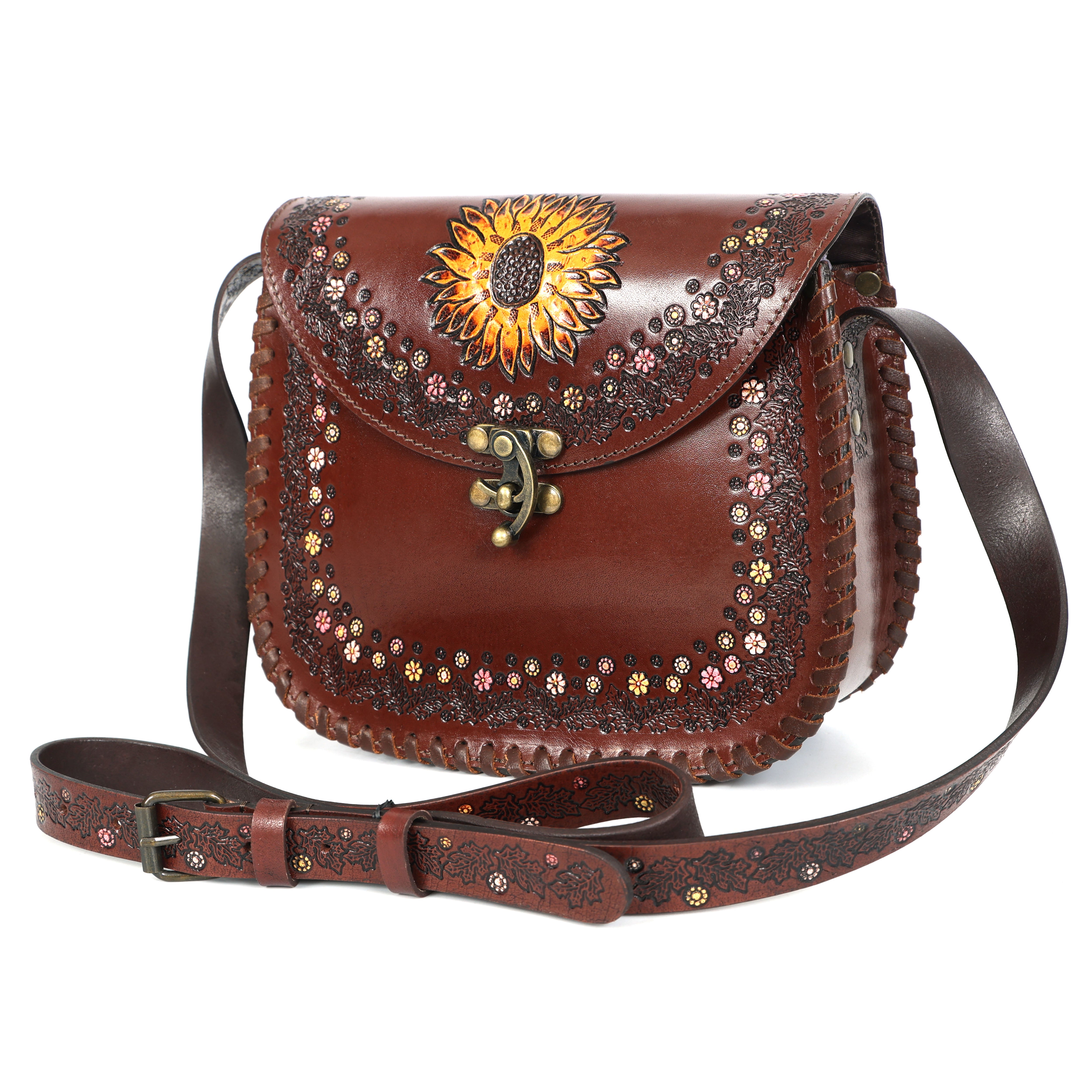 Handcrafted Sunflower Leather Saddle Bag – Brown Floral Sling Crossbody (EL-GM-44-ON)