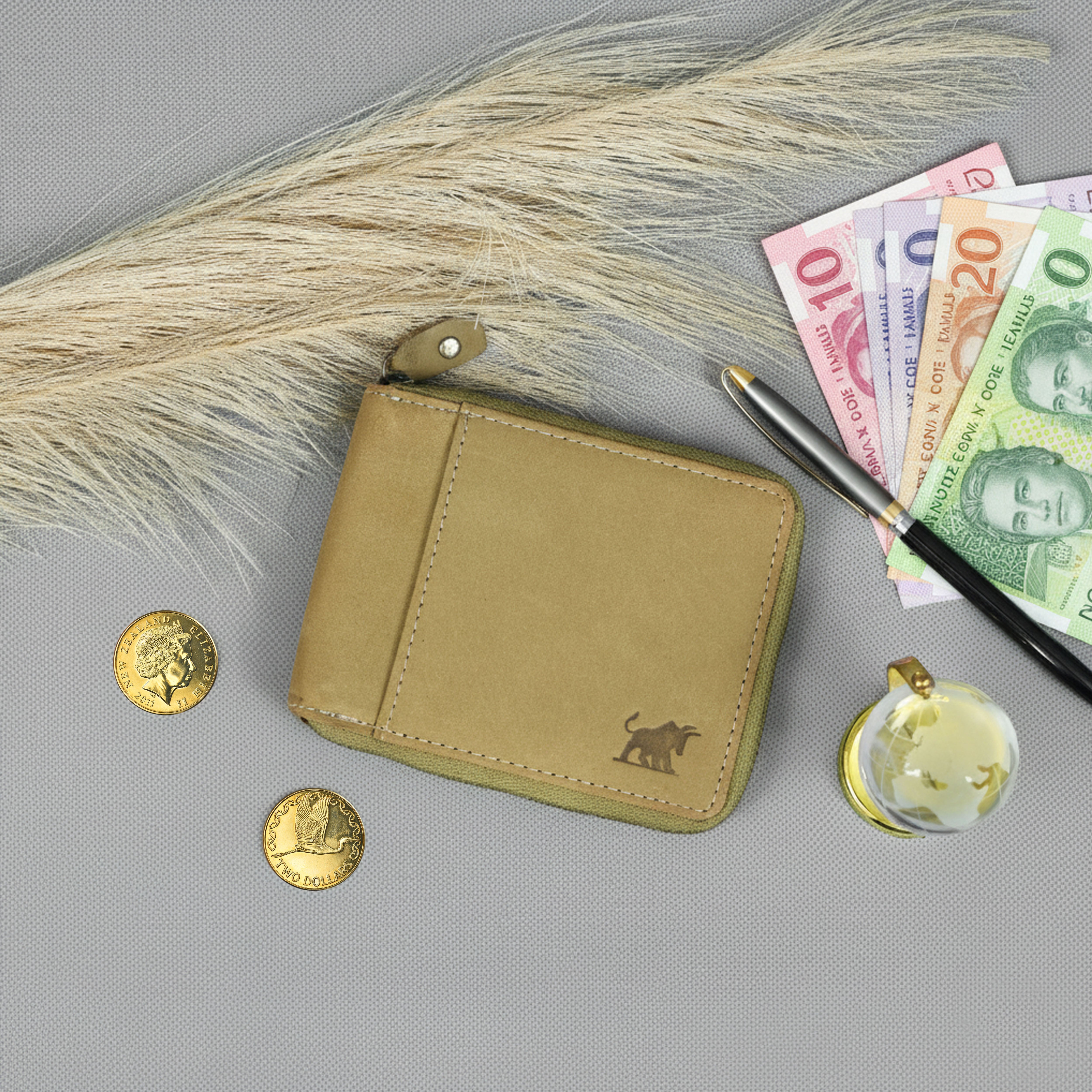 Olive Green & Light Brown Leather Zip Wallet – Premium RFID-Blocking Men's Wallet (gm-155)