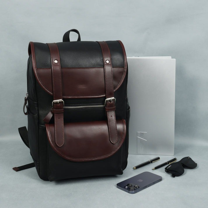 Two-Tone Leather Rucksack | Black & Brown Laptop Backpack (1611)
