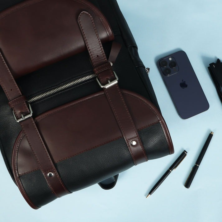 Two-Tone Leather Rucksack | Black & Brown Laptop Backpack (1611)