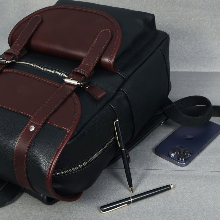 Two-Tone Leather Rucksack | Black & Brown Laptop Backpack (1611)