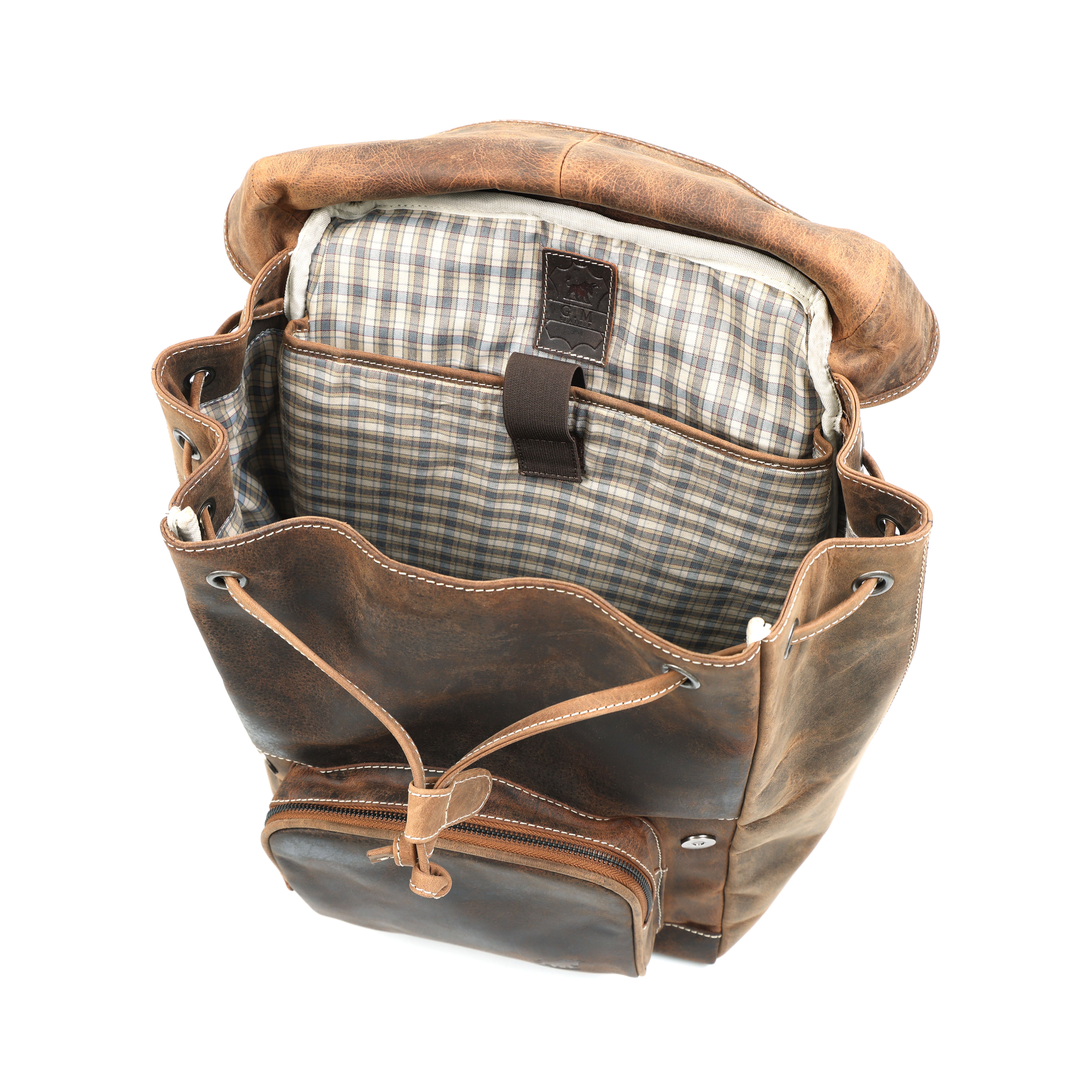 Brown leather bag with plaid interior on a white background