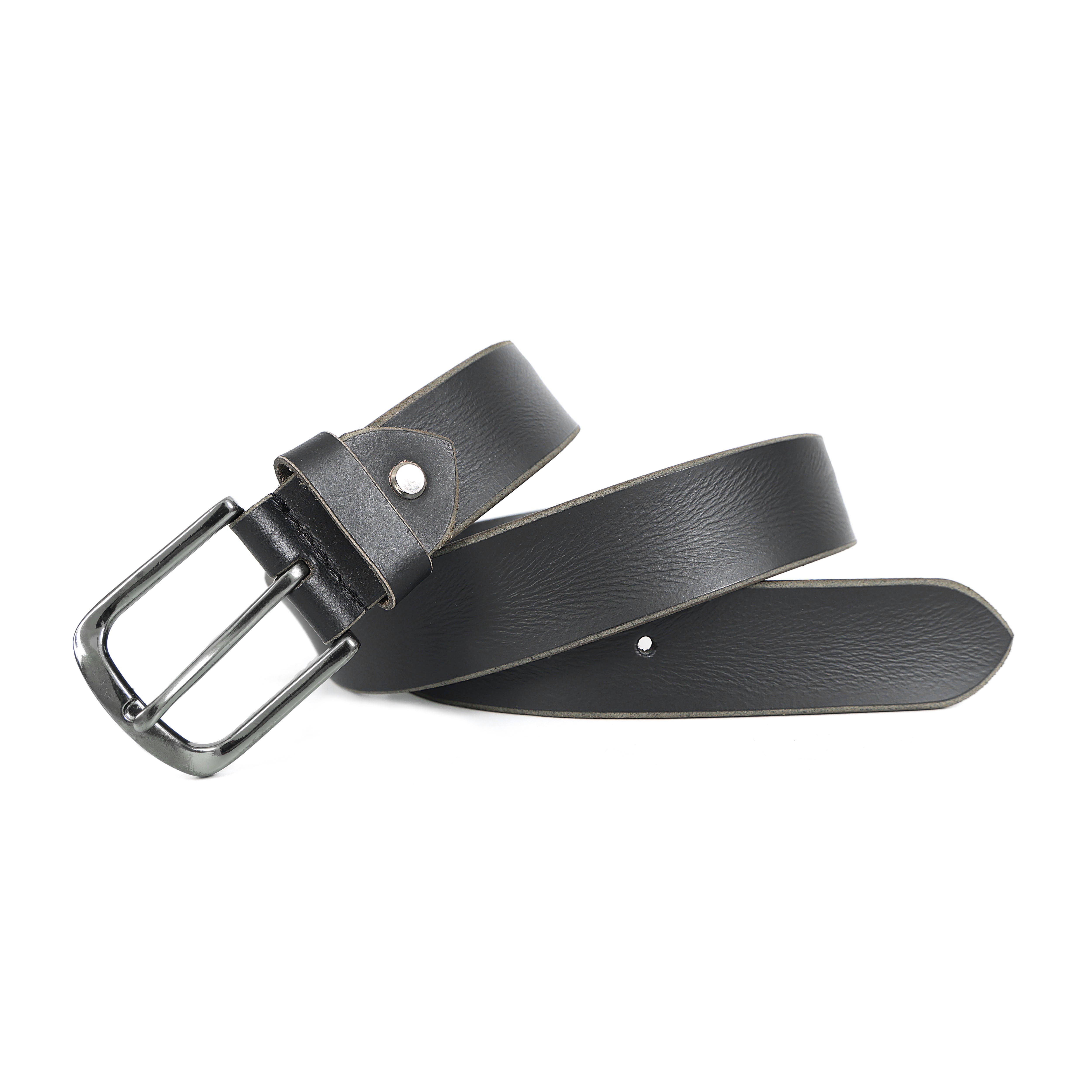 Black leather belt with a silver buckle on a white background