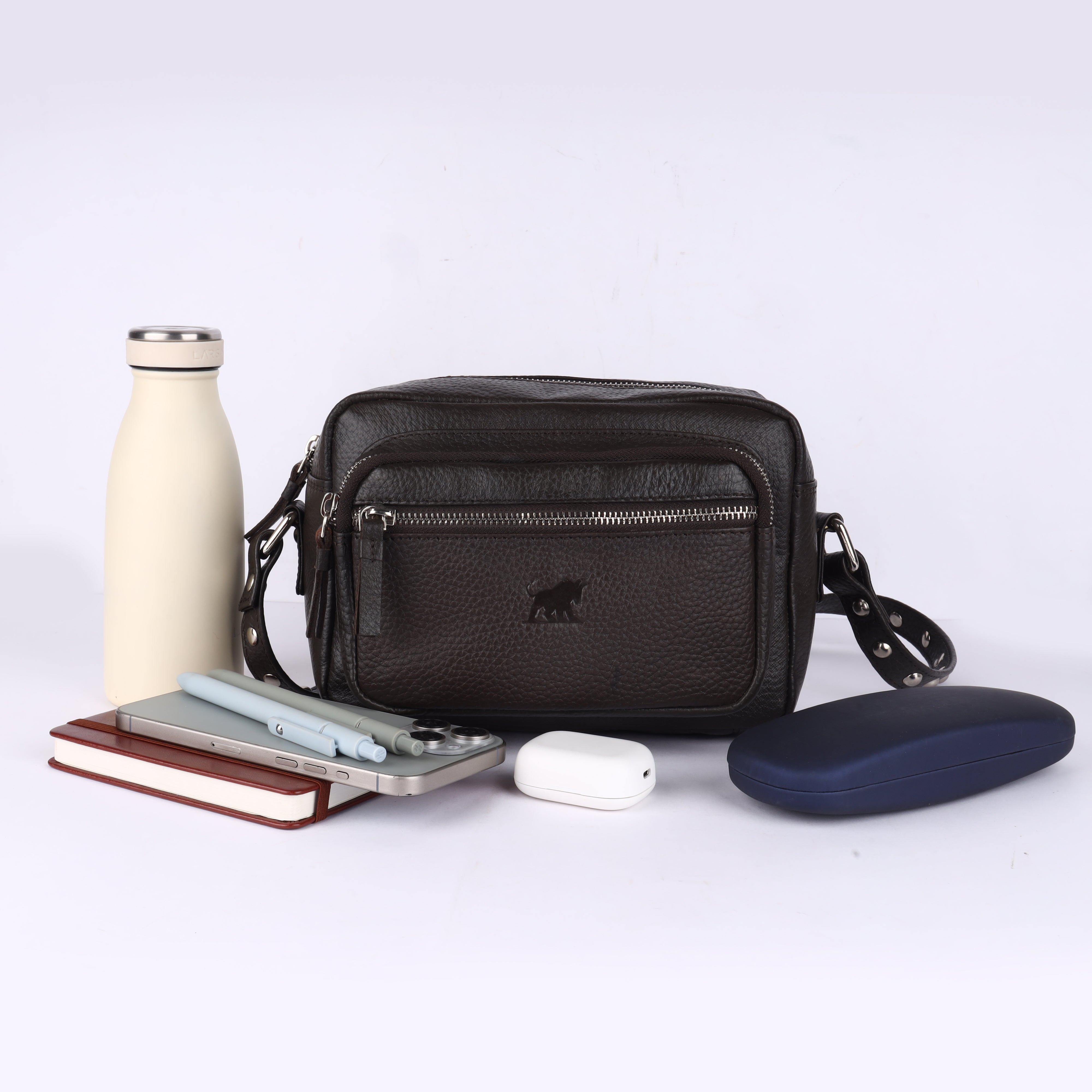 Men's Leather Messenger Bag | Studded Pebble-Grain Pouch