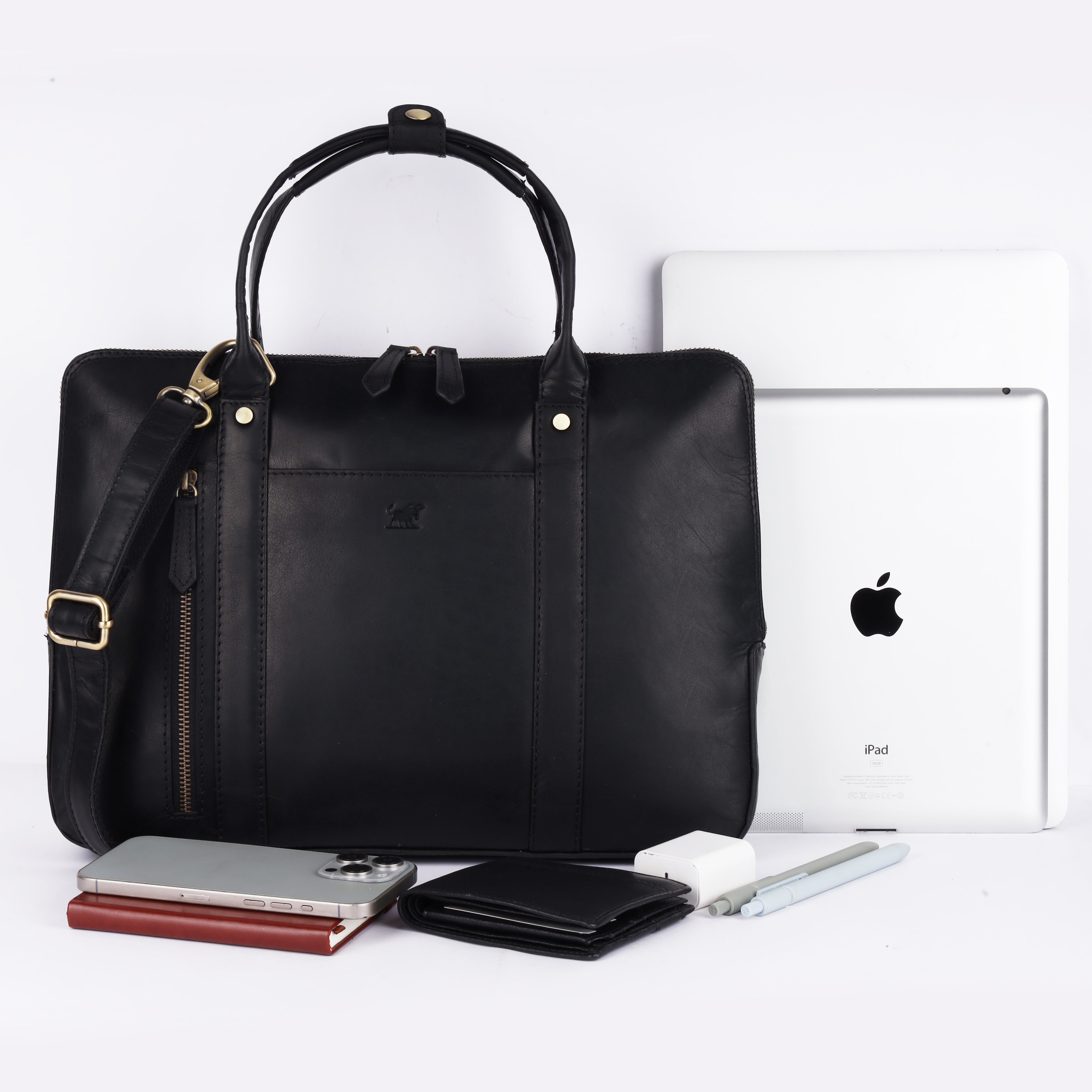 Men's Black Leather Briefcase | Slim Laptop Business Bag