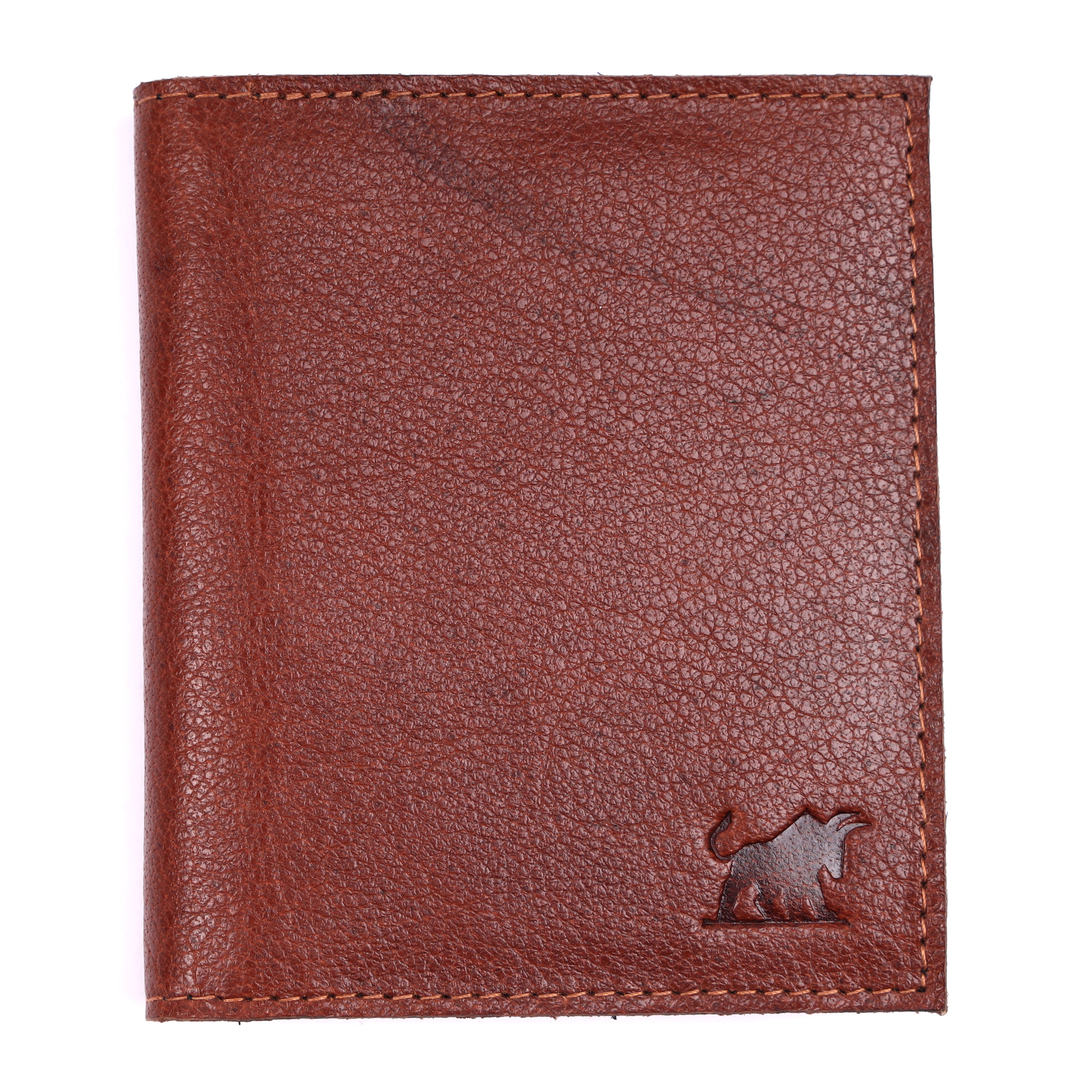 Brown leather wallet with a brand logo on a white background
