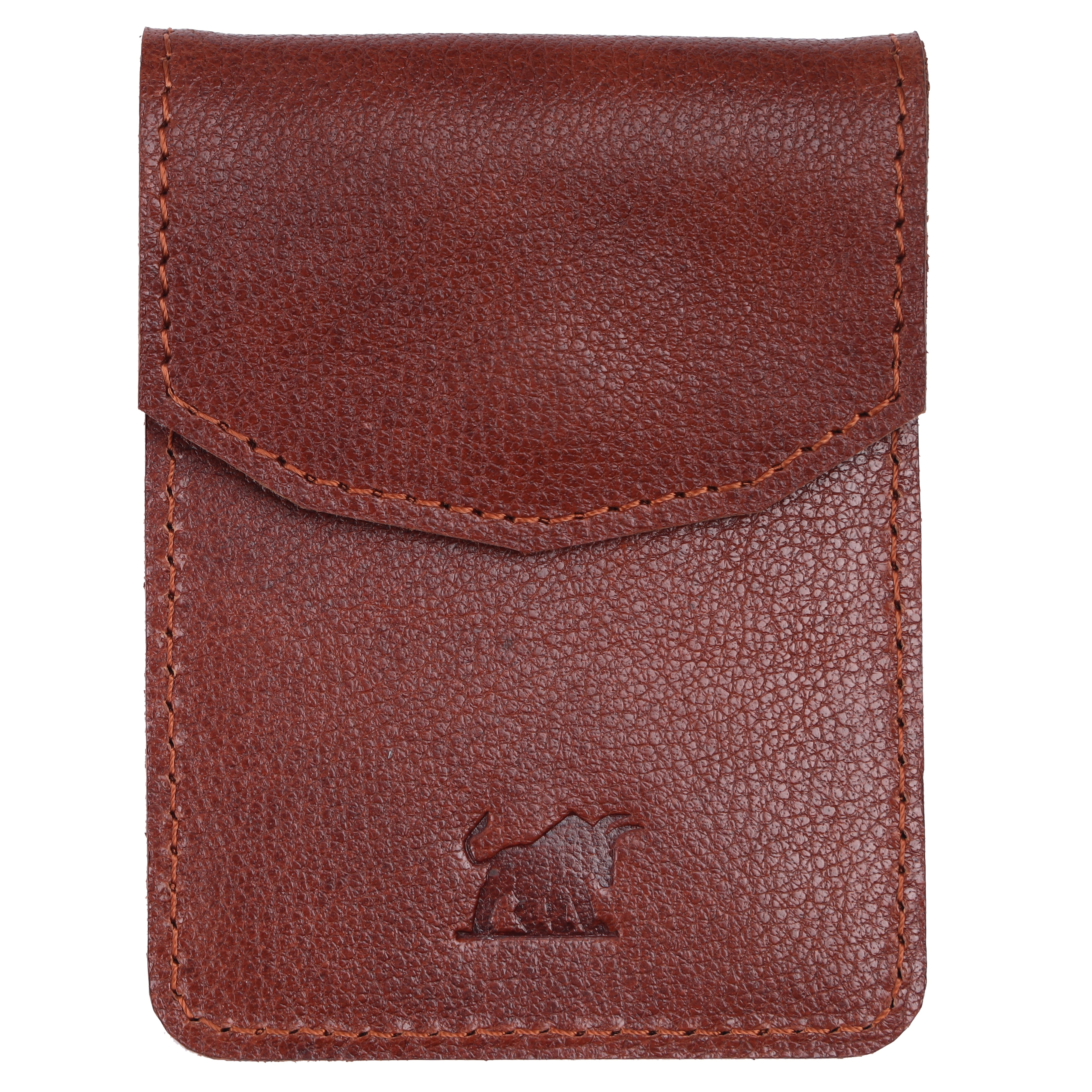 Brown leather wallet with a brand logo on a white background