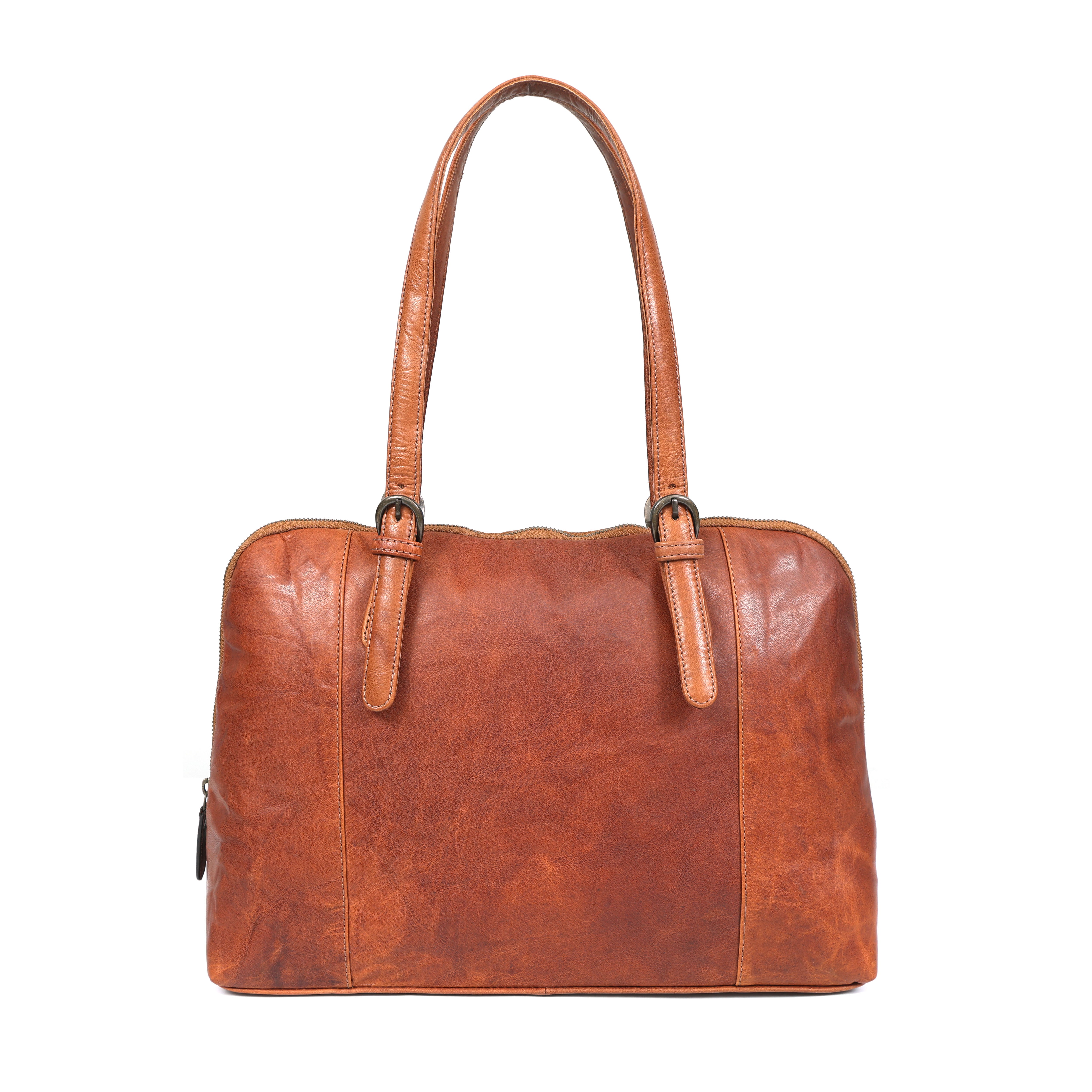 Brown leather handbag on a white background