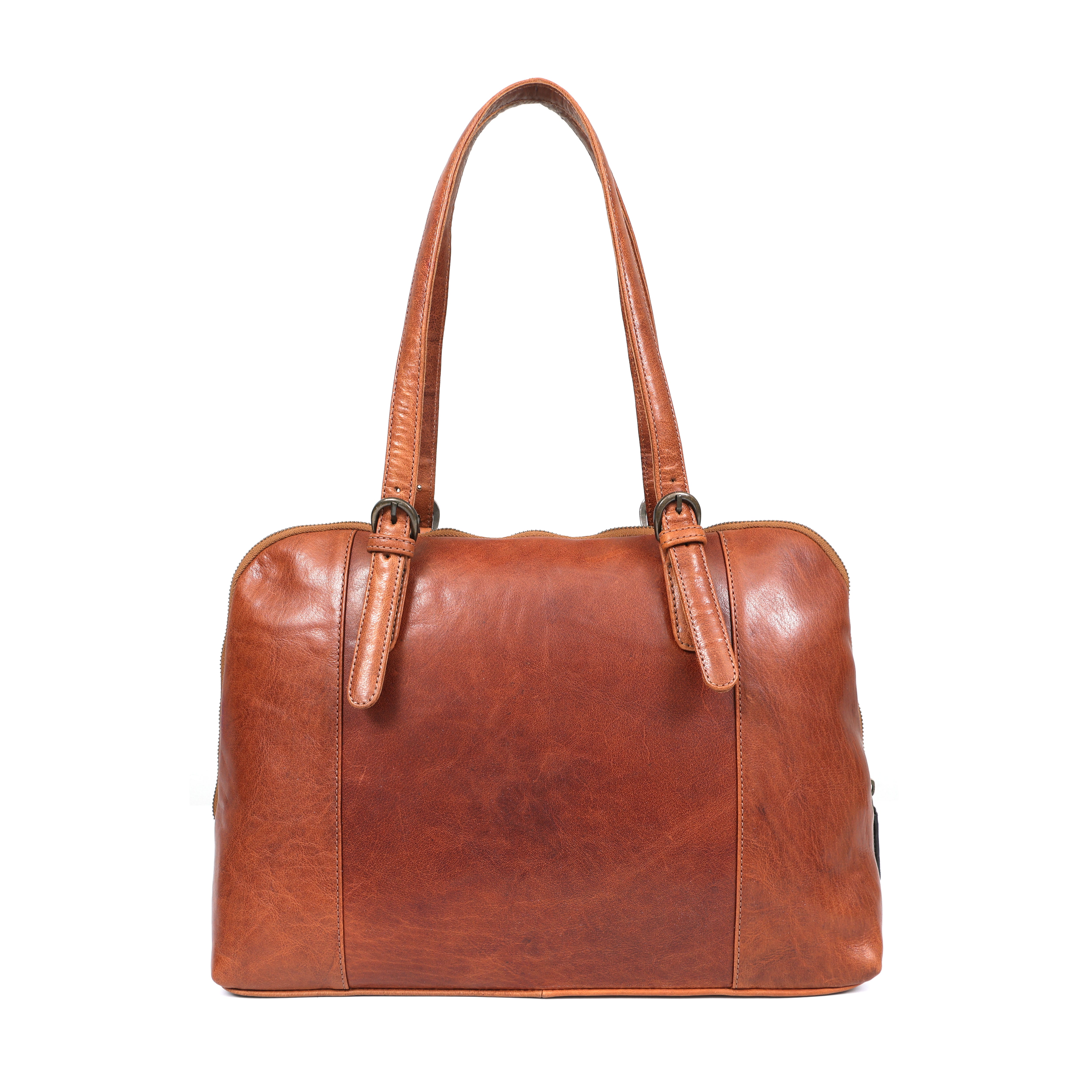 Brown leather handbag on a white background