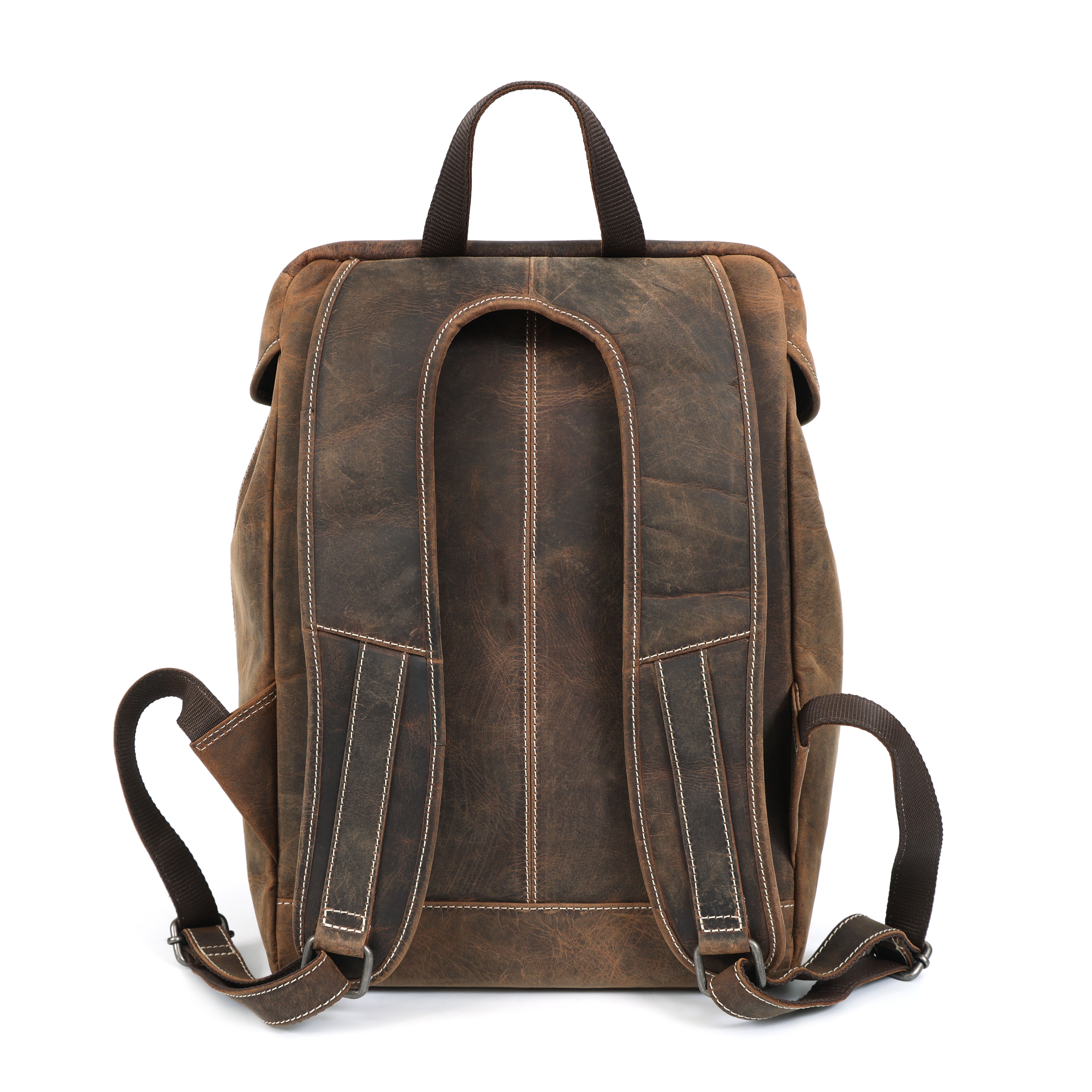 Brown leather backpack on a white background