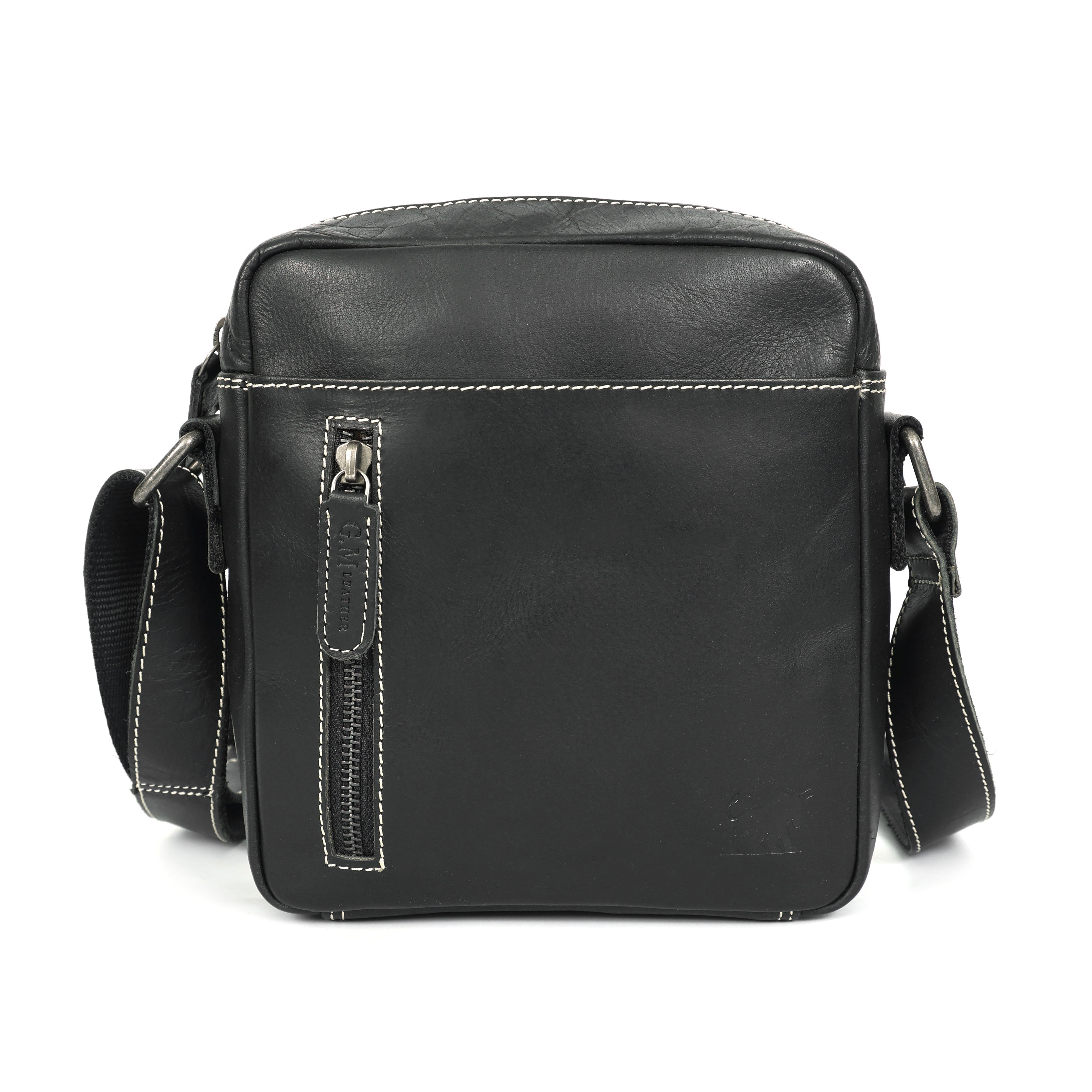 GM Leather Black Sling Bag | Contrast Stitch Small Leather Pouch(el-gm-108)
