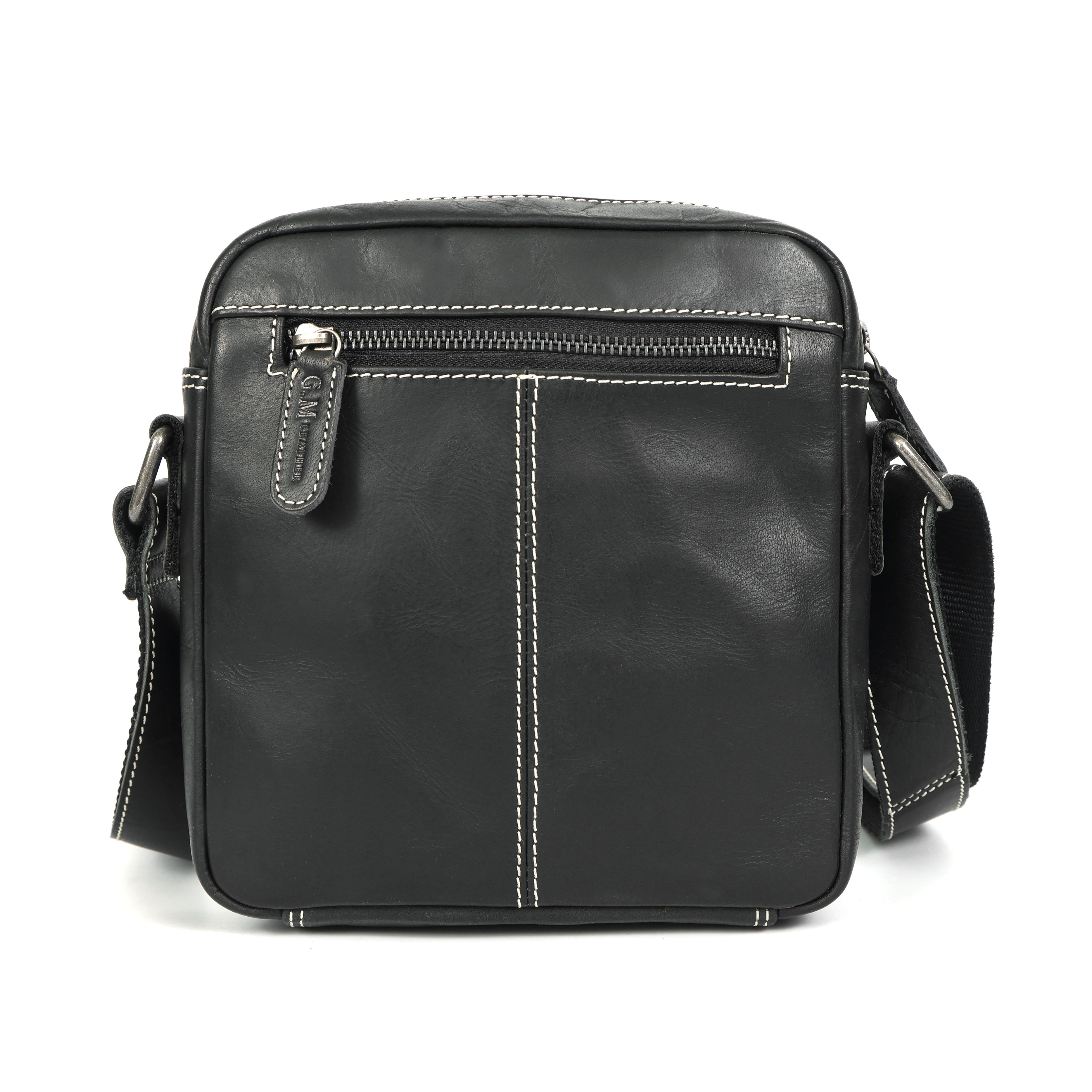 GM Leather Black Sling Bag | Contrast Stitch Small Leather Pouch(el-gm-108)