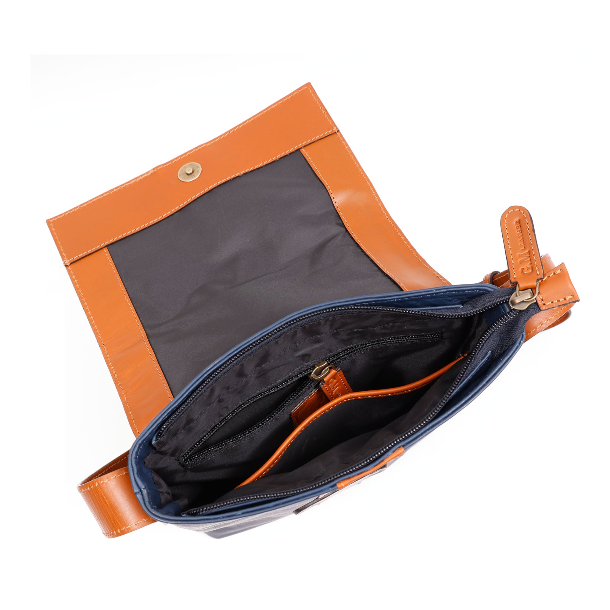 Premium Leather Messenger Bag - Two-Tone Navy & Tan