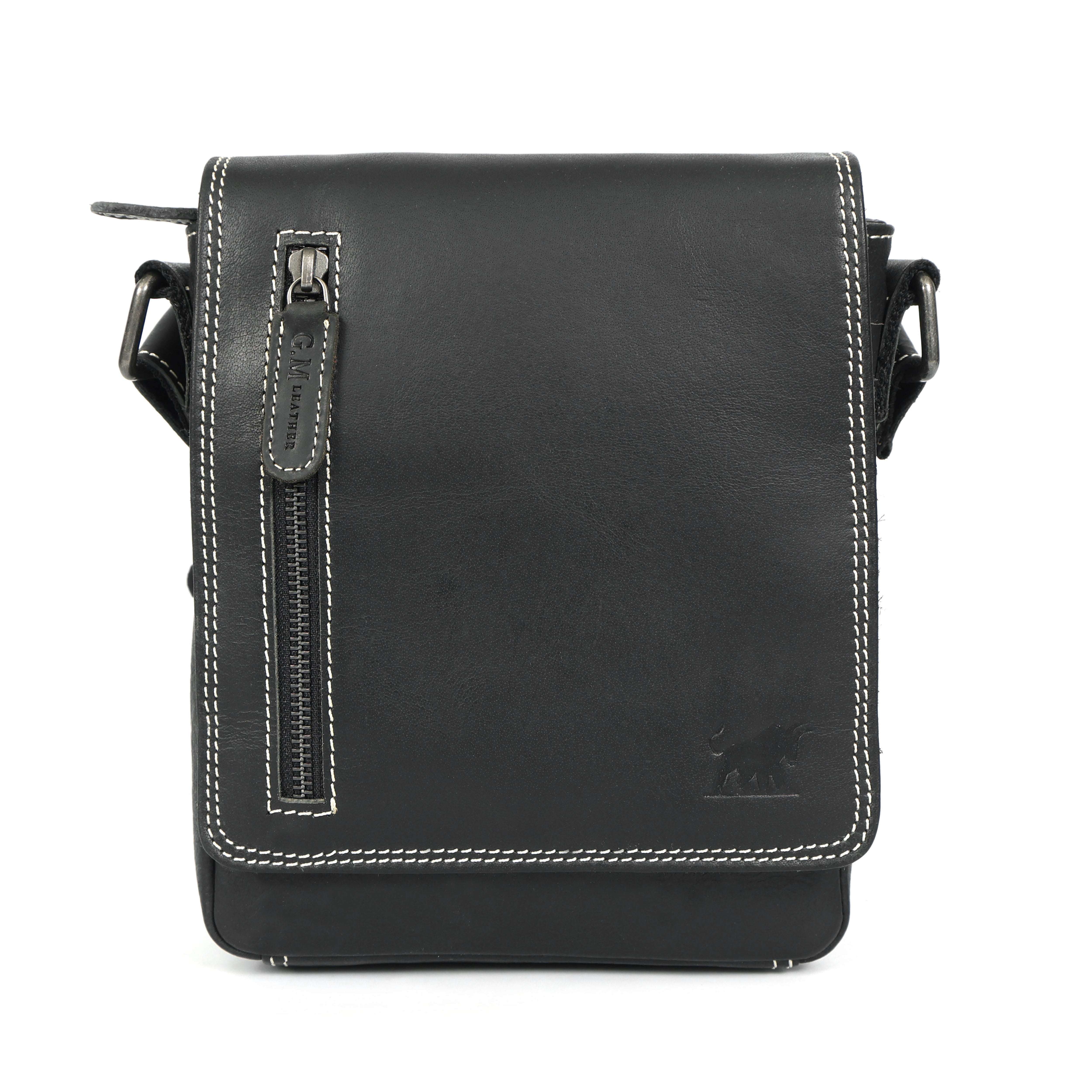 GM Leather Black Contrast-Stitch Leather Crossbody Bag Satchel(el-gm-109)