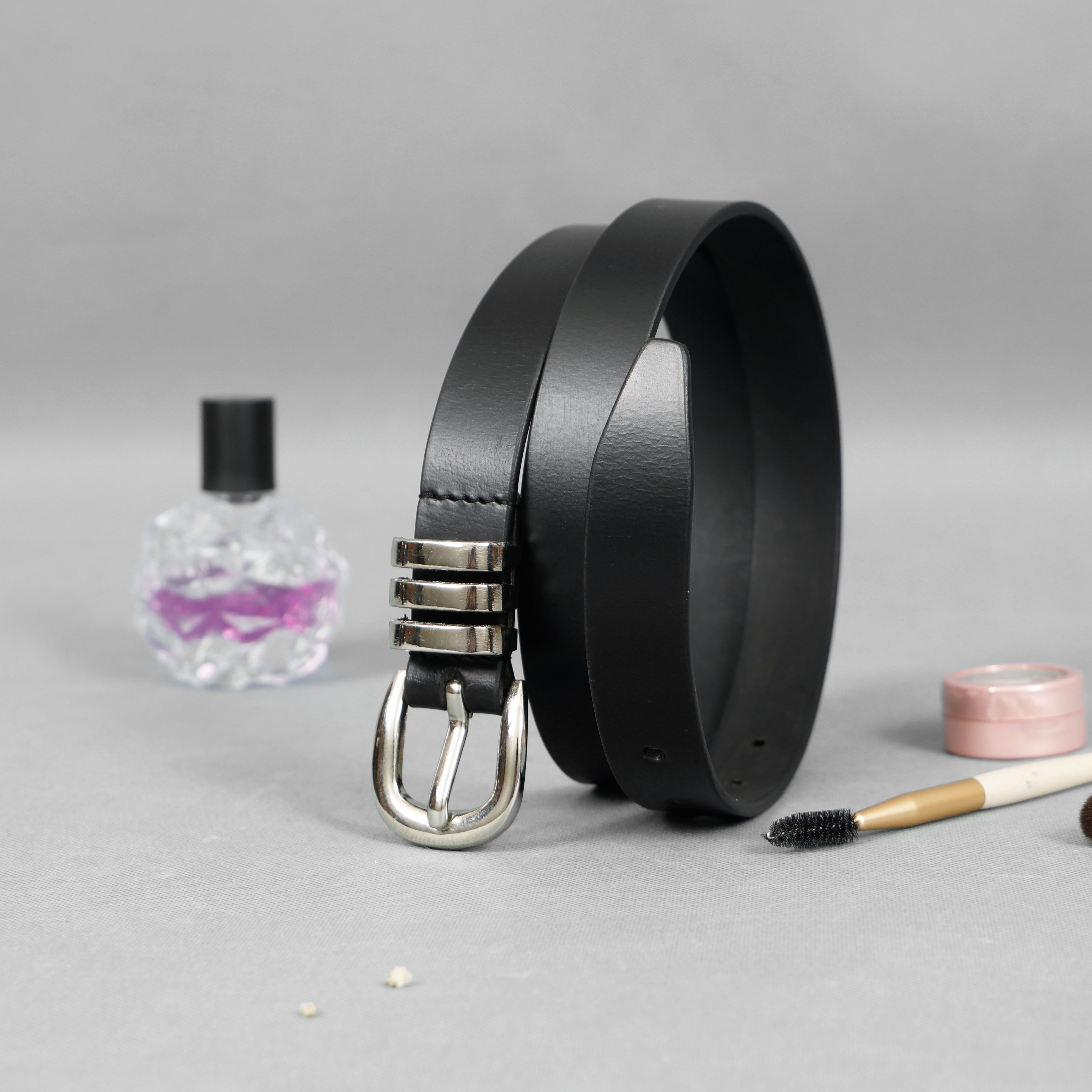 Ladies Premium Black Leather Belt with three metal loops NZ