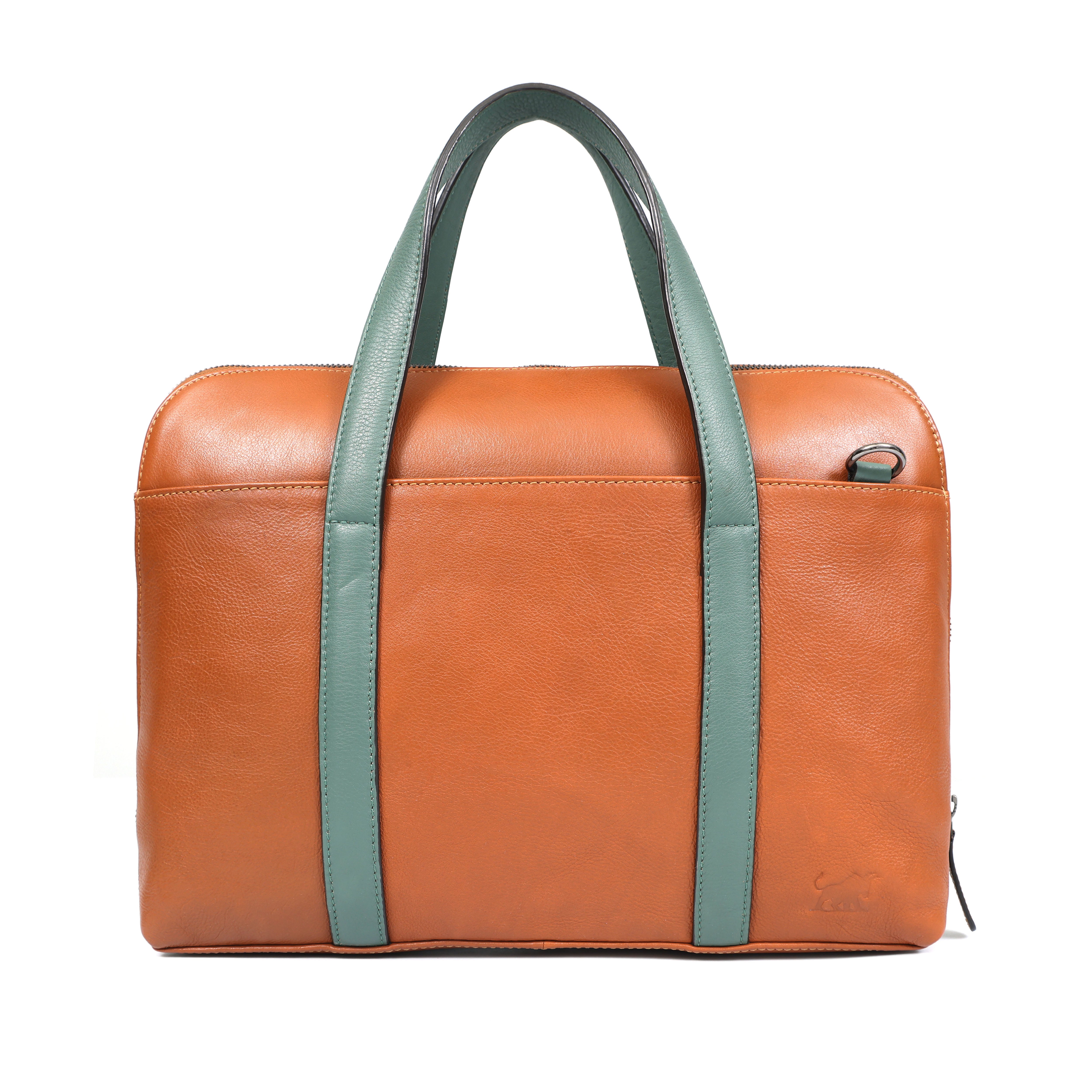 Tan Leather Laptop Bag | Green Accent Business Briefcase(EL-GM-510-E)
