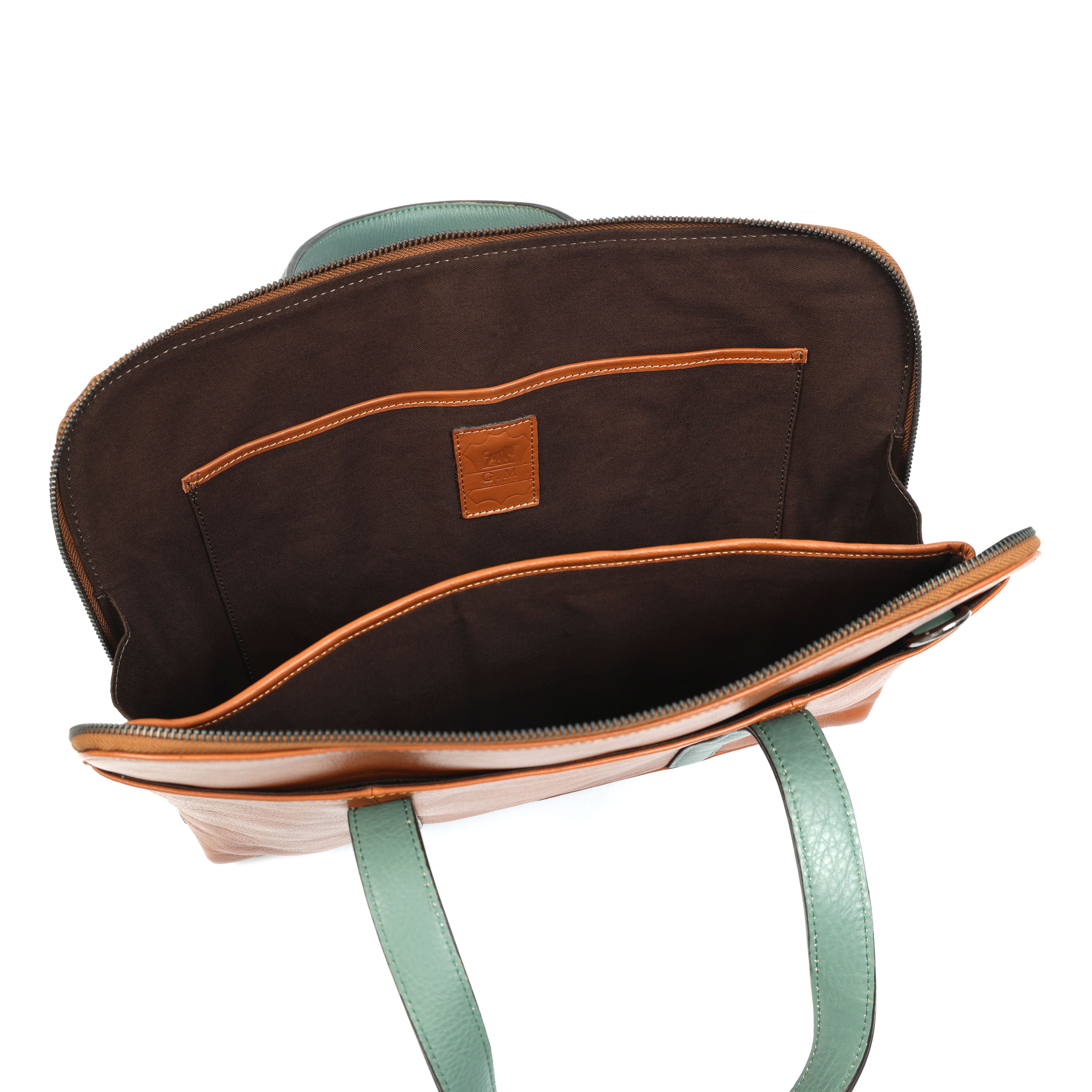 Tan Leather Laptop Bag | Green Accent Business Briefcase(EL-GM-510-E)