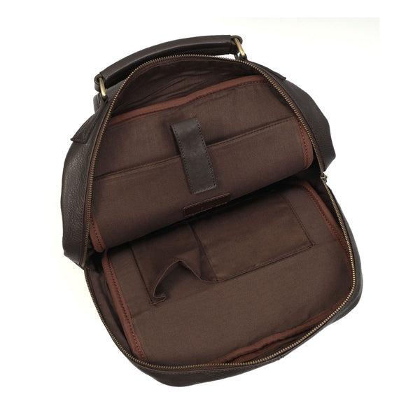 Brown leather bag with a flap closure on a white background