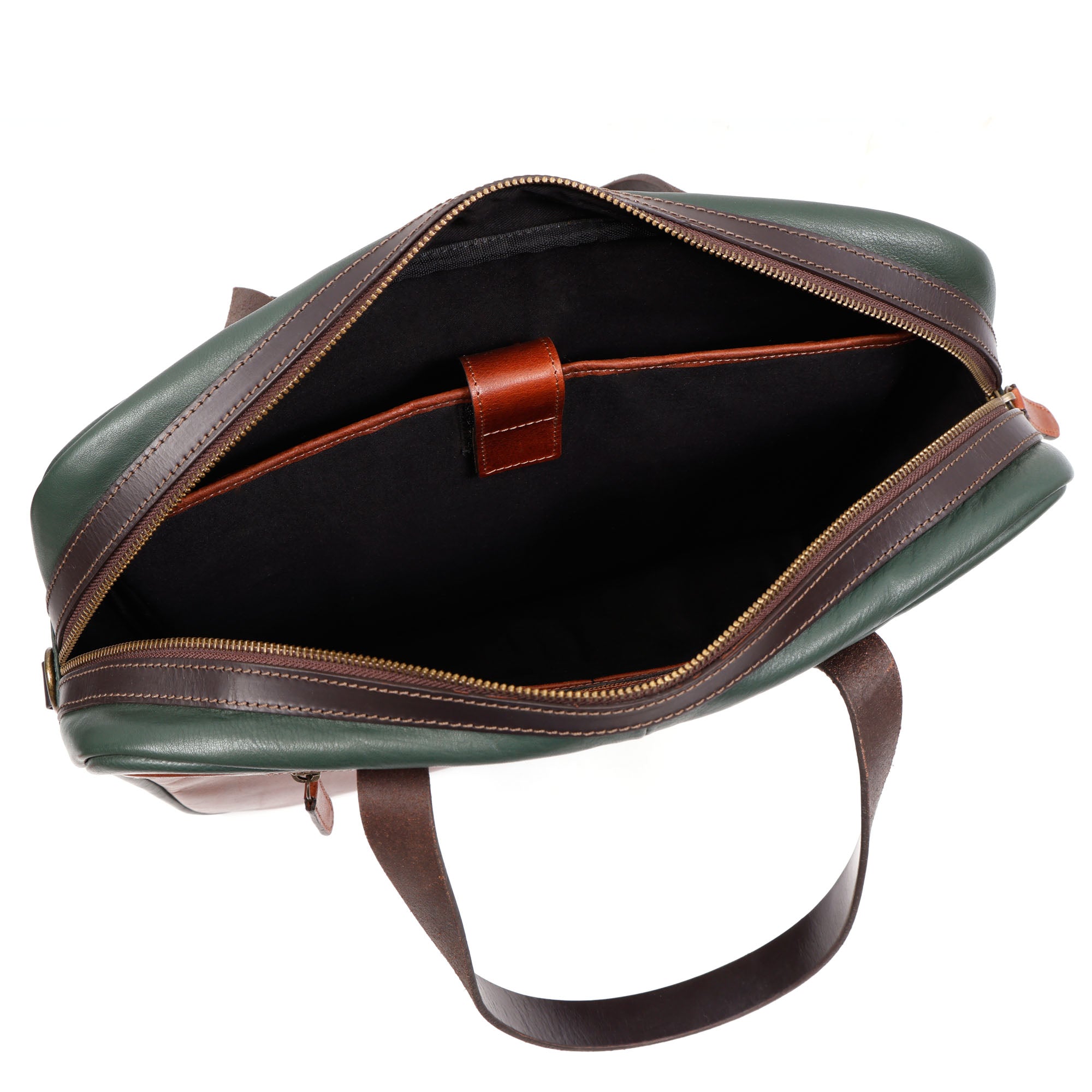 Two-Tone Premium Leather Laptop Briefcase - Green & Brown