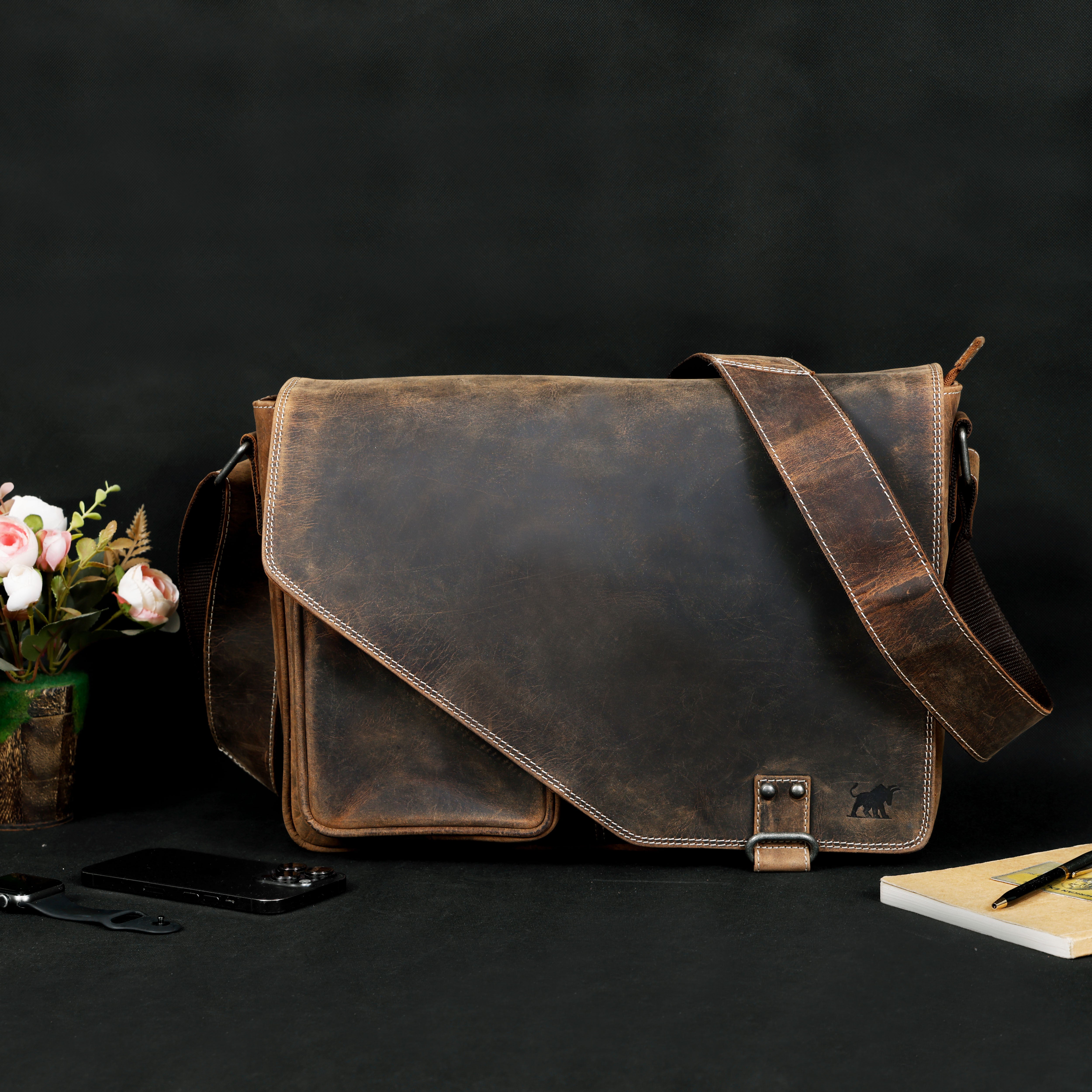 Vintage Leather Messenger Bag – Rustic Full-Grain Satchel 14" (EL-GM-121-V)