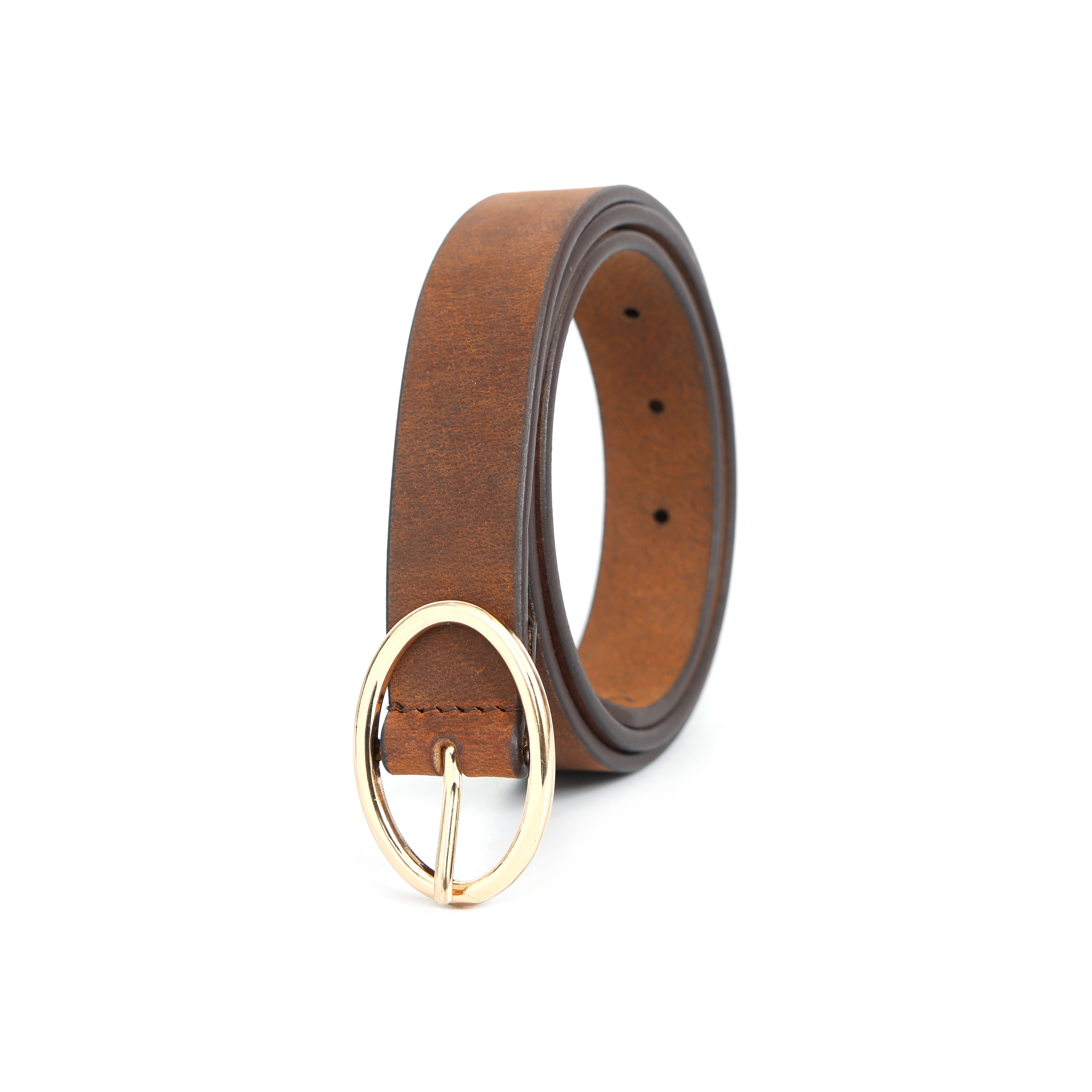 LADIES BELT OVAL GOLD BUCKLE(28MM)- PREMIUM TOP GRAIN LEATHER BELT