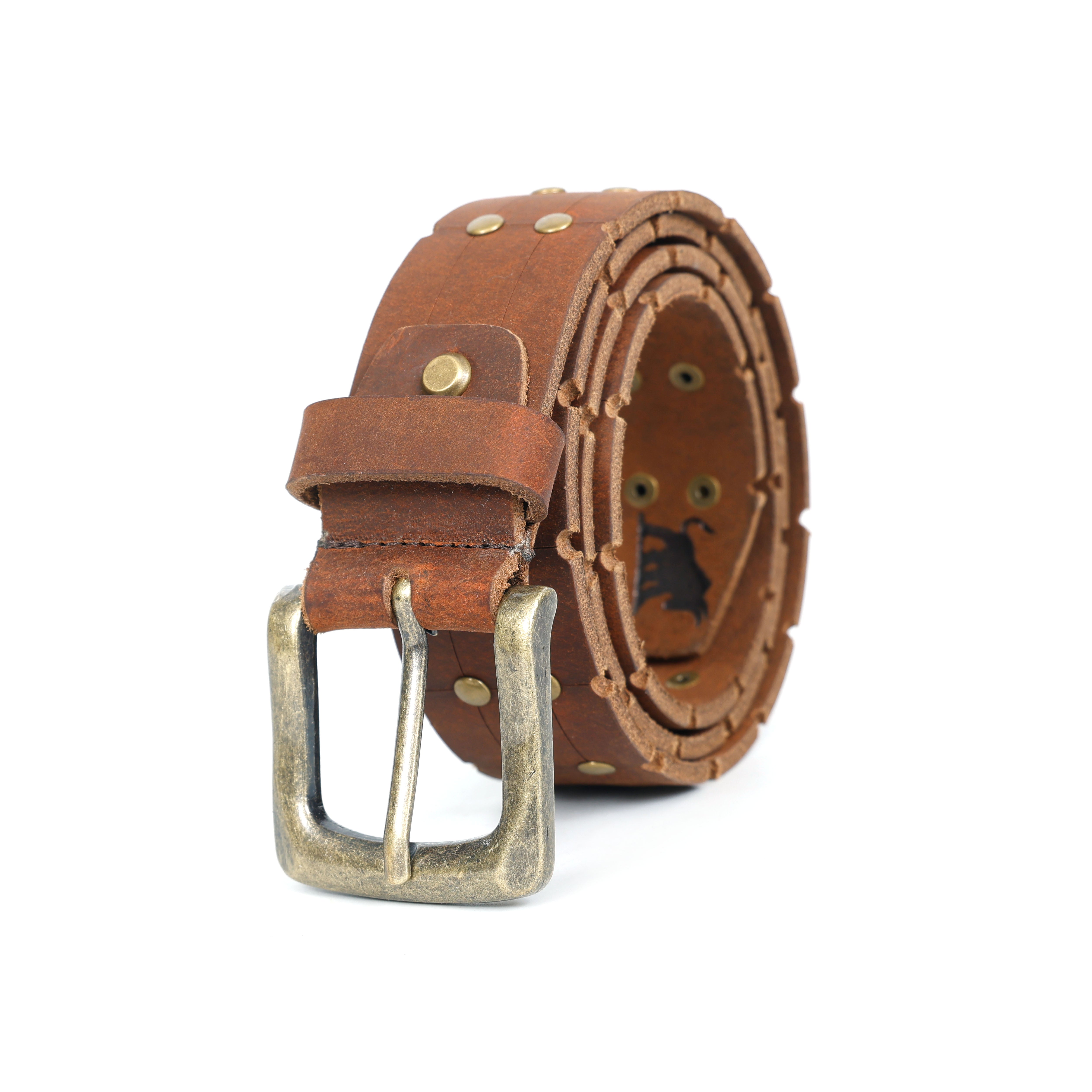Brown leather belt with brass buckle on a white background