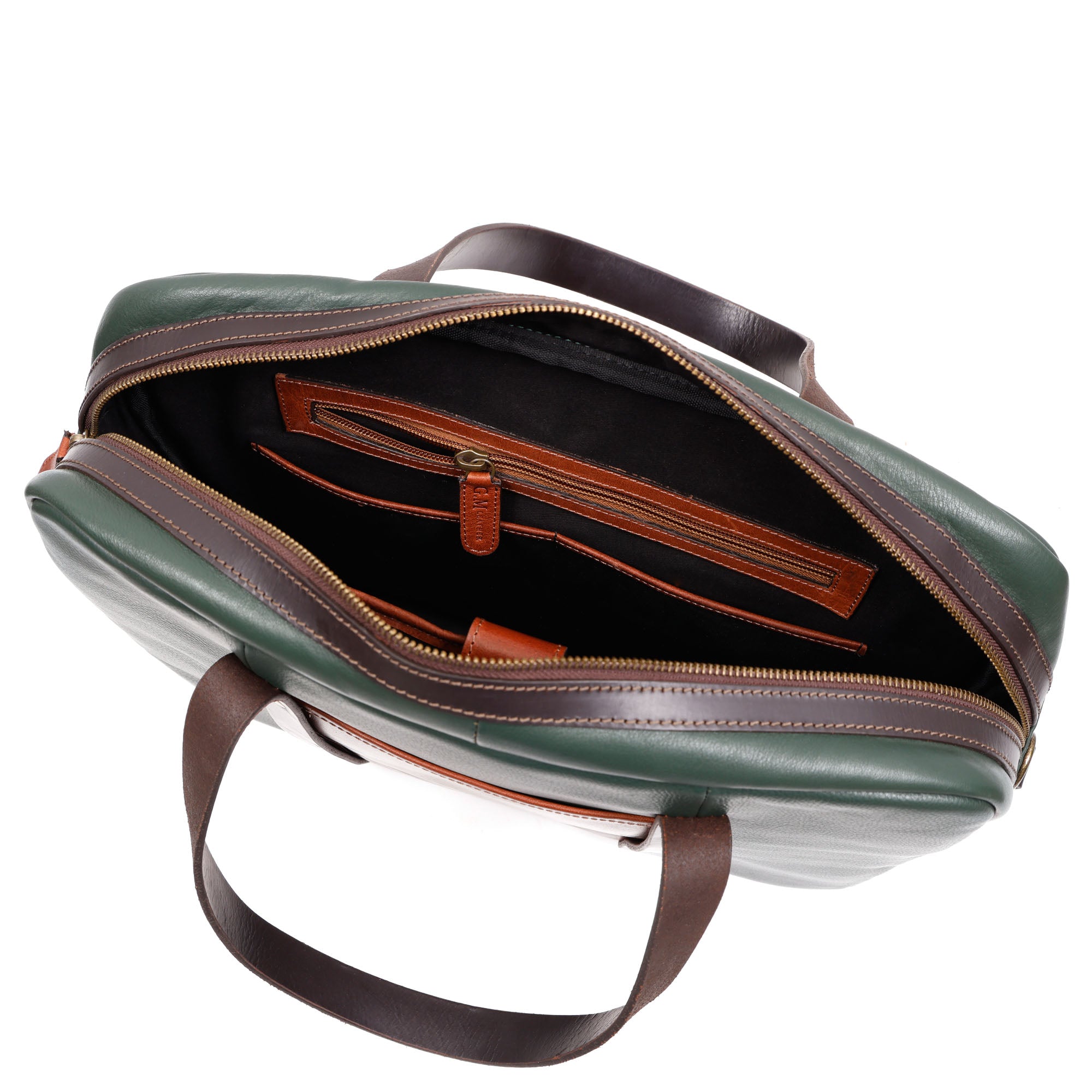 Two-Tone Premium Leather Laptop Briefcase - Green & Brown