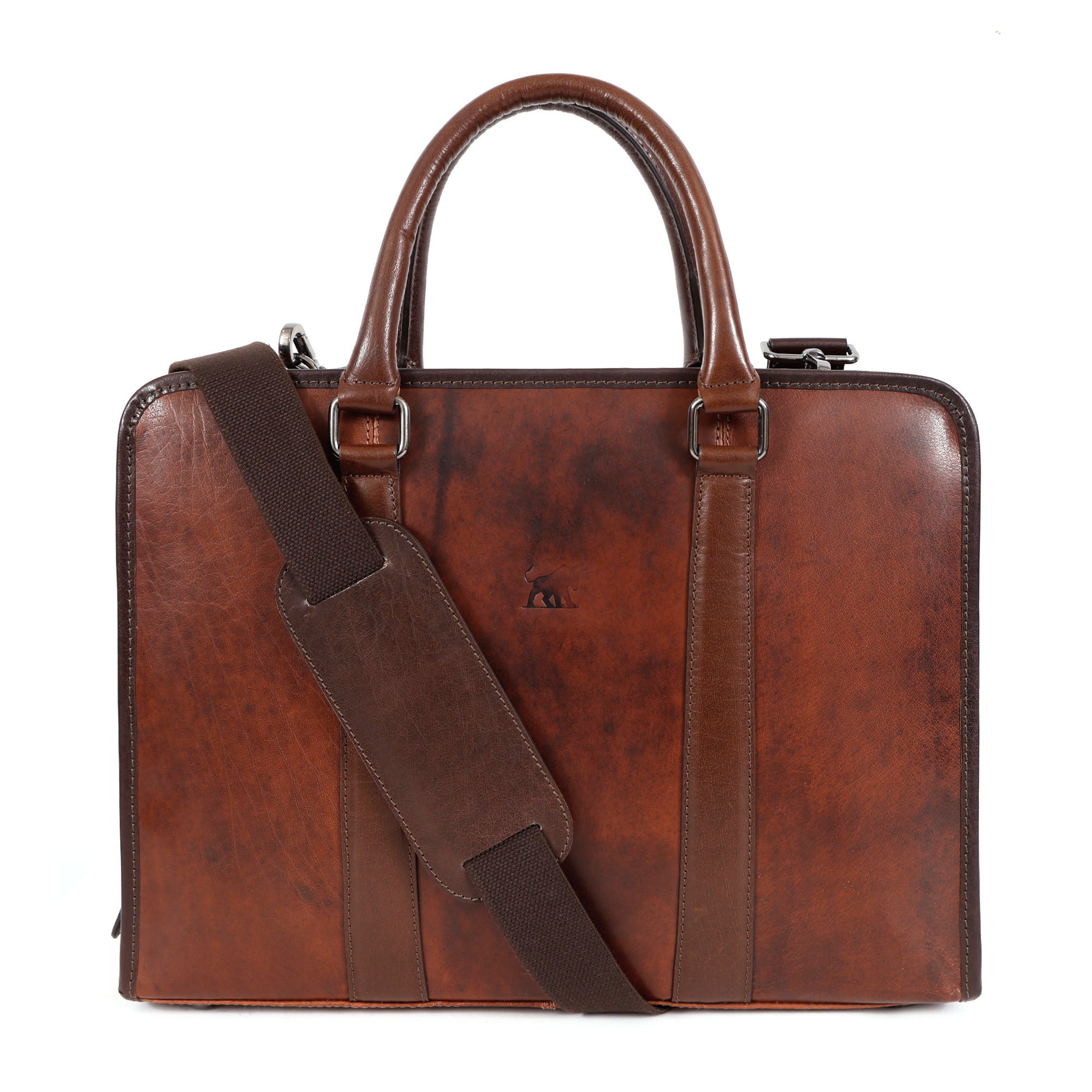 Leather business bag featuring zippered security pocket and dual accessory slots.