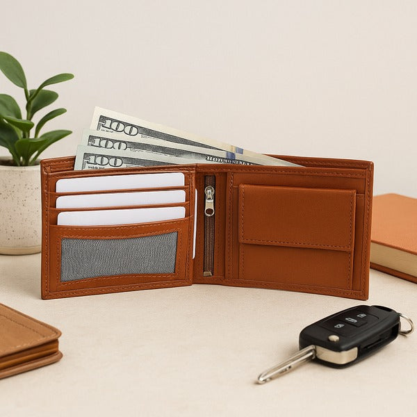 Men’s Tan Leather Wallet – Premium Bifold with Coin Pocket & Card Slots(1386)